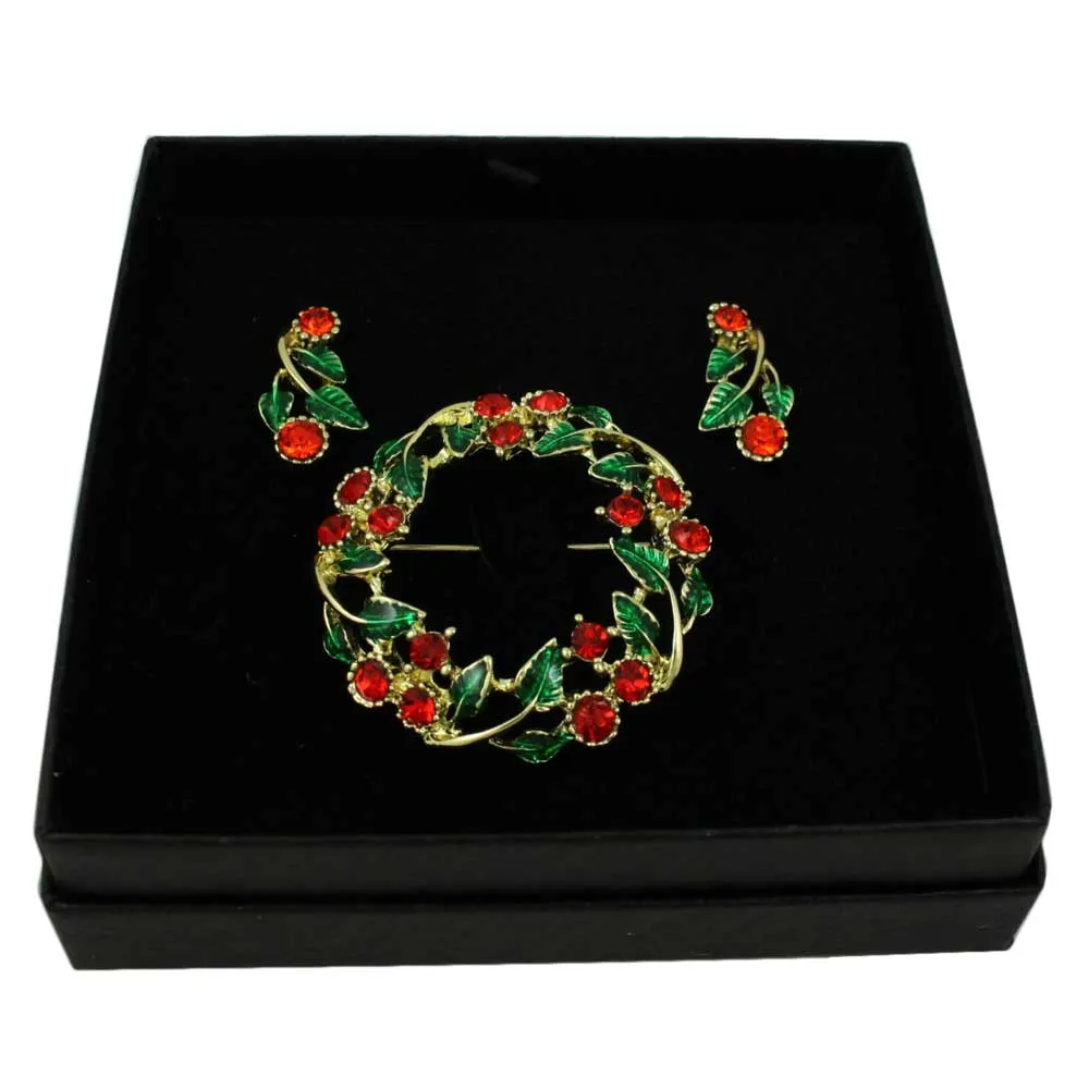 Crystal Holly Wreath Pin and Pierced or Clip Earring Set - XP621BS