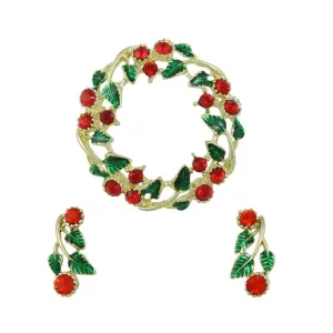 Crystal Holly Wreath Pin and Pierced or Clip Earring Set - XP621BS