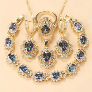 Cubic Zirconia Charm Bracelet & Ring Set Accessories Gold Plated Olive Green Zirconia Charm Bracelet And Ring Jewelry Sets