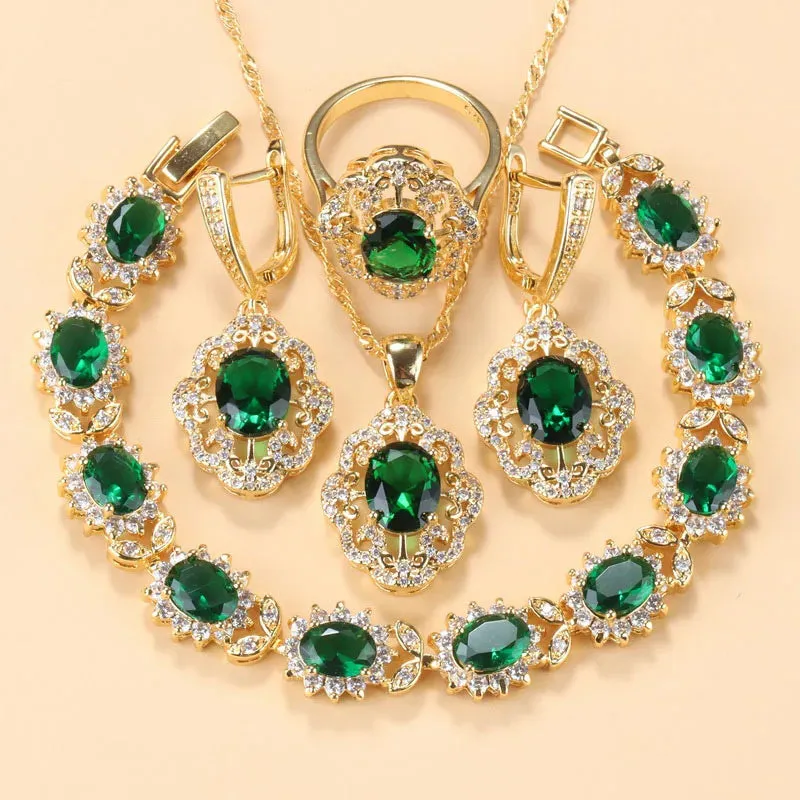 Cubic Zirconia Charm Bracelet & Ring Set Accessories Gold Plated Olive Green Zirconia Charm Bracelet And Ring Jewelry Sets