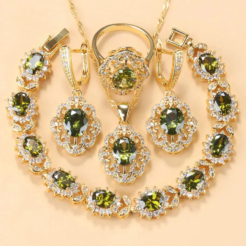 Cubic Zirconia Charm Bracelet & Ring Set Accessories Gold Plated Olive Green Zirconia Charm Bracelet And Ring Jewelry Sets