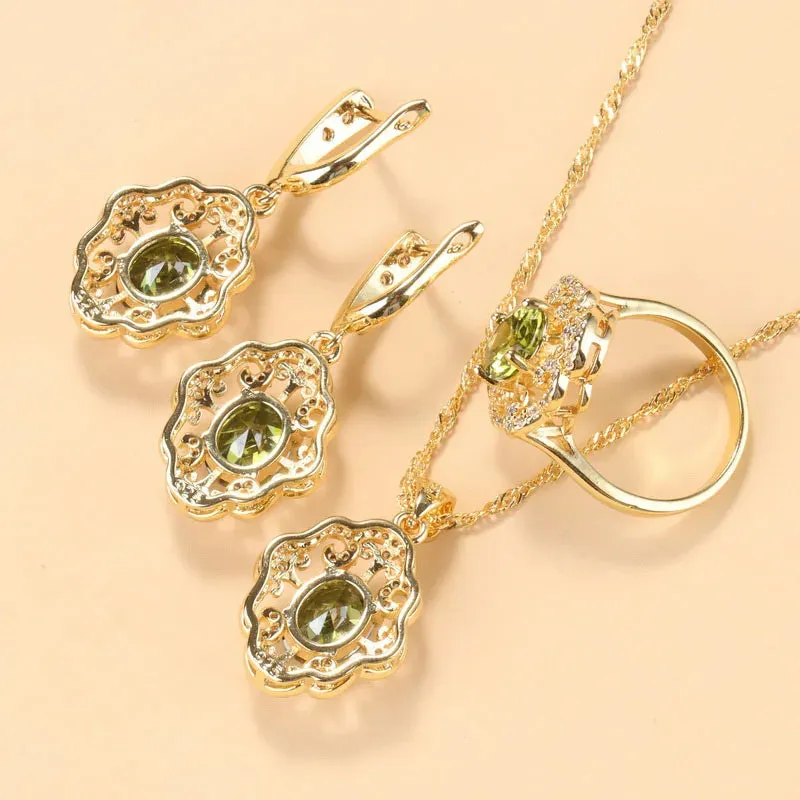 Cubic Zirconia Charm Bracelet & Ring Set Accessories Gold Plated Olive Green Zirconia Charm Bracelet And Ring Jewelry Sets