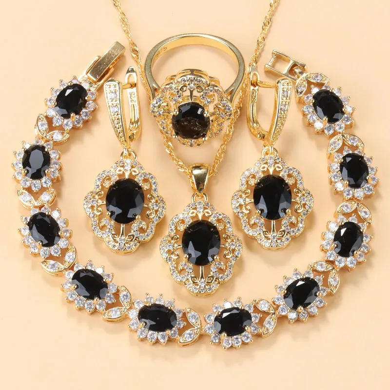 Cubic Zirconia Charm Bracelet & Ring Set Accessories Gold Plated Olive Green Zirconia Charm Bracelet And Ring Jewelry Sets