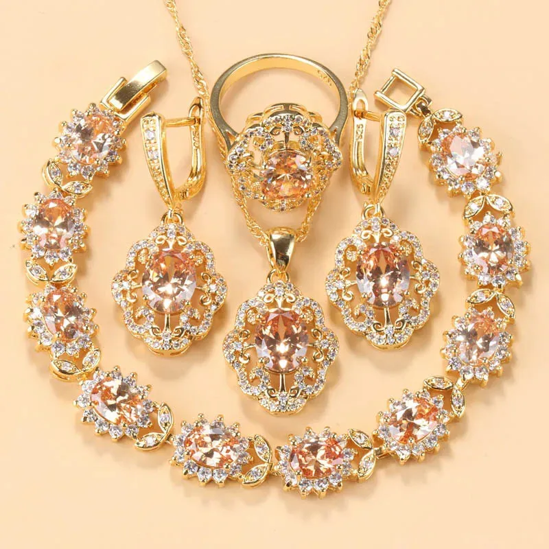 Cubic Zirconia Charm Bracelet & Ring Set Accessories Gold Plated Olive Green Zirconia Charm Bracelet And Ring Jewelry Sets