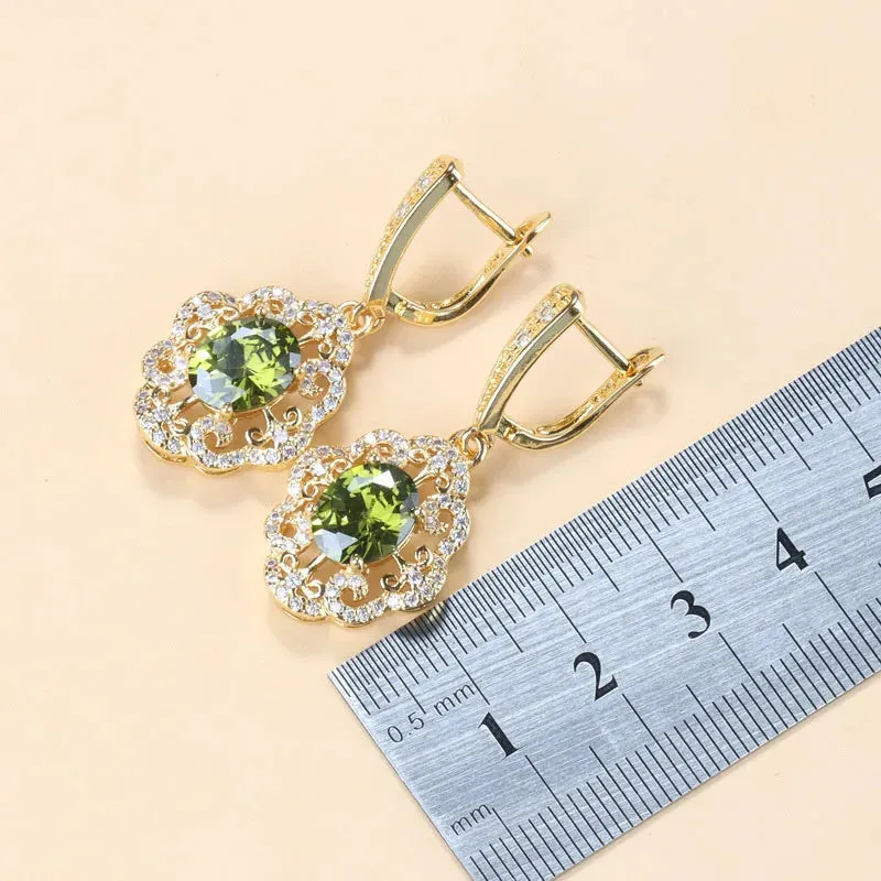 Cubic Zirconia Charm Bracelet & Ring Set Accessories Gold Plated Olive Green Zirconia Charm Bracelet And Ring Jewelry Sets