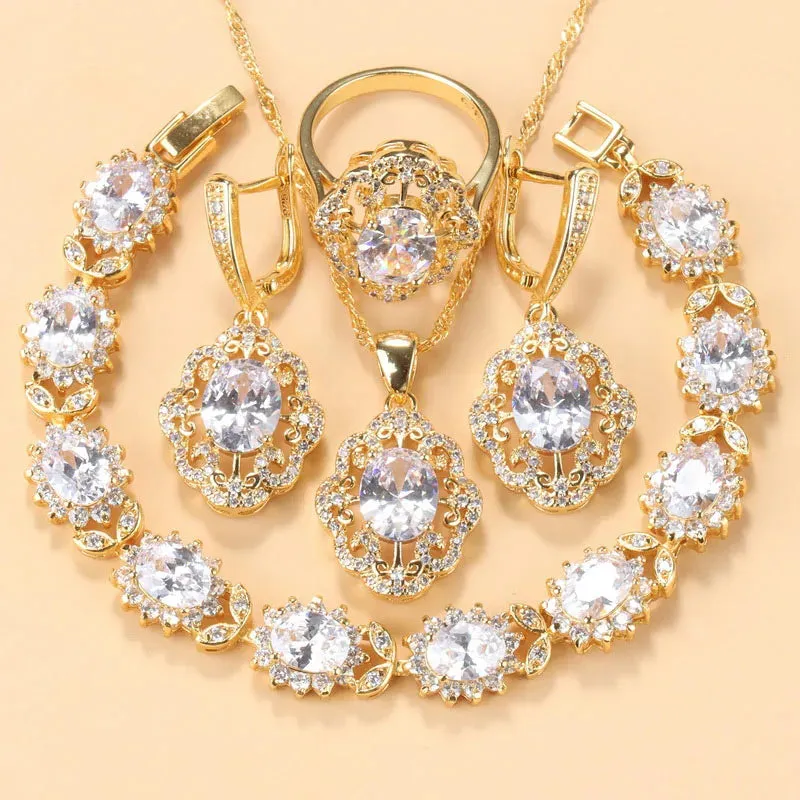 Cubic Zirconia Charm Bracelet & Ring Set Accessories Gold Plated Olive Green Zirconia Charm Bracelet And Ring Jewelry Sets