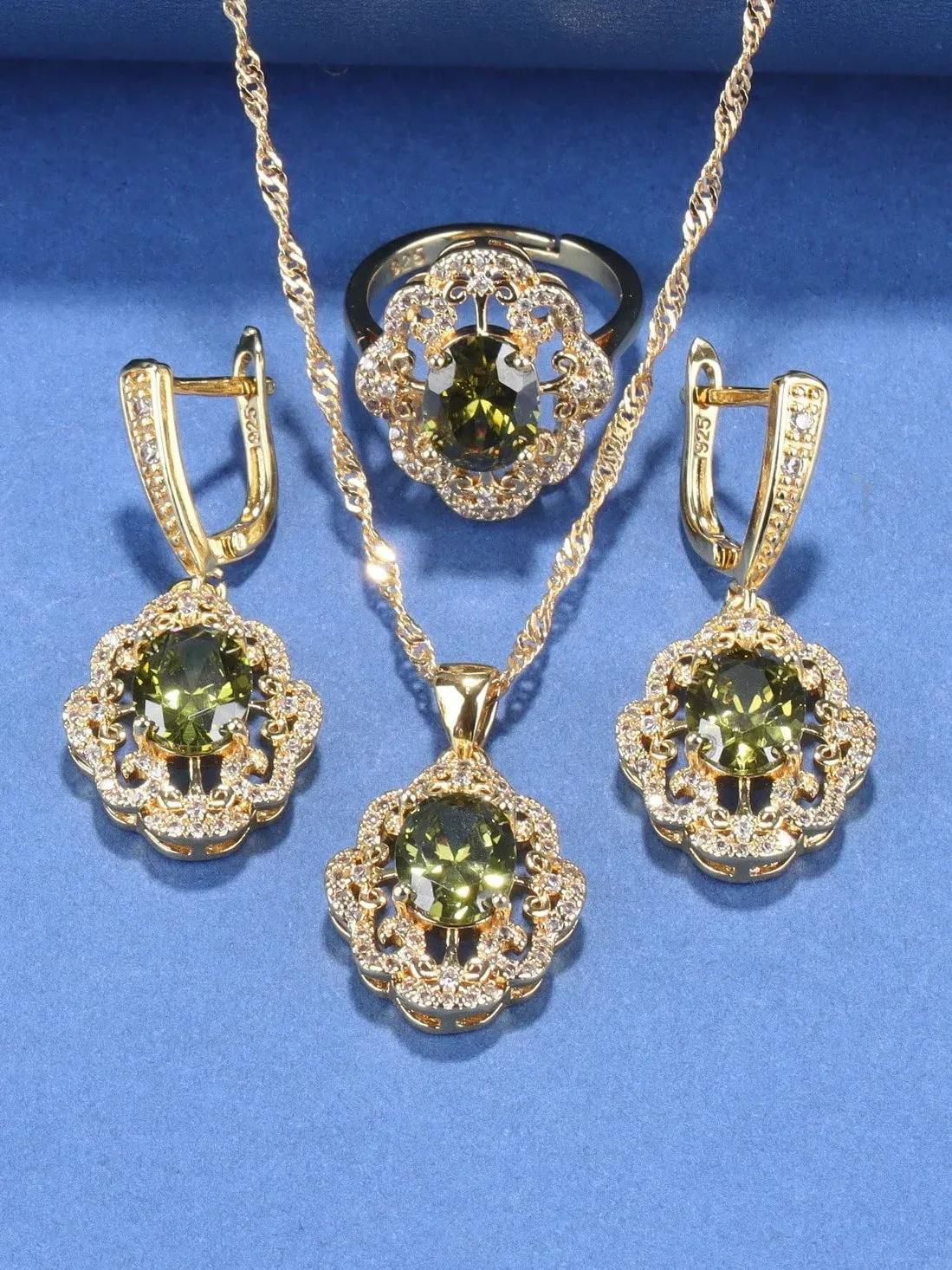 Cubic Zirconia Charm Bracelet & Ring Set Accessories Gold Plated Olive Green Zirconia Charm Bracelet And Ring Jewelry Sets