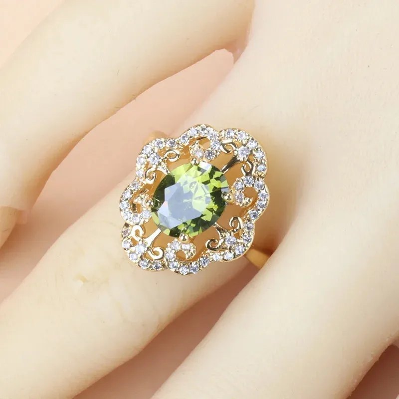 Cubic Zirconia Charm Bracelet & Ring Set Accessories Gold Plated Olive Green Zirconia Charm Bracelet And Ring Jewelry Sets