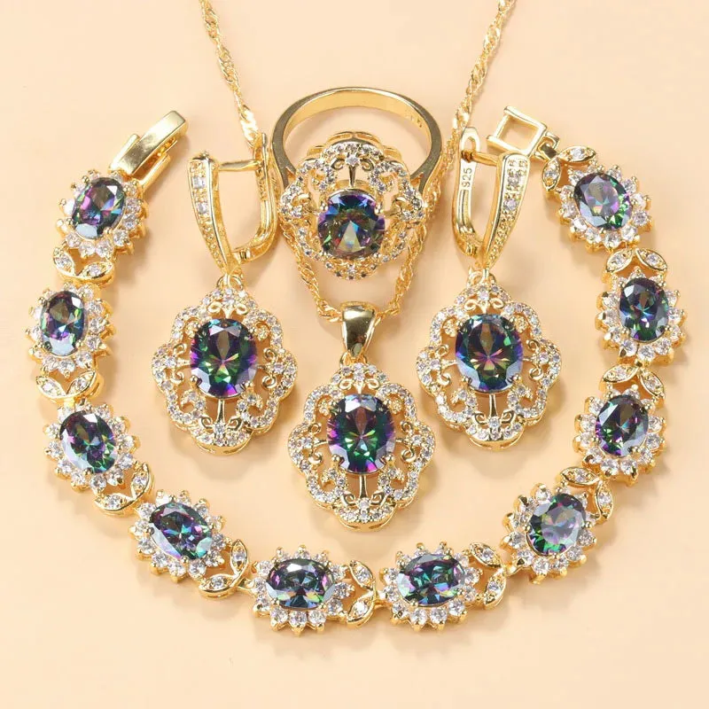 Cubic Zirconia Charm Bracelet & Ring Set Accessories Gold Plated Olive Green Zirconia Charm Bracelet And Ring Jewelry Sets