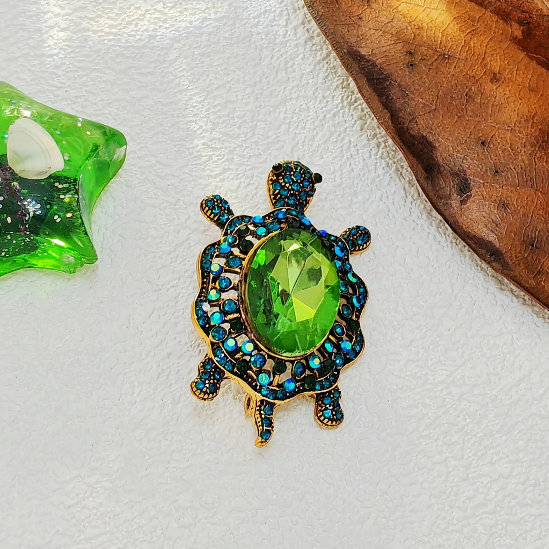 Cute Green Rhinestone Sea Turtle Brooch Pin Beach Jewelry