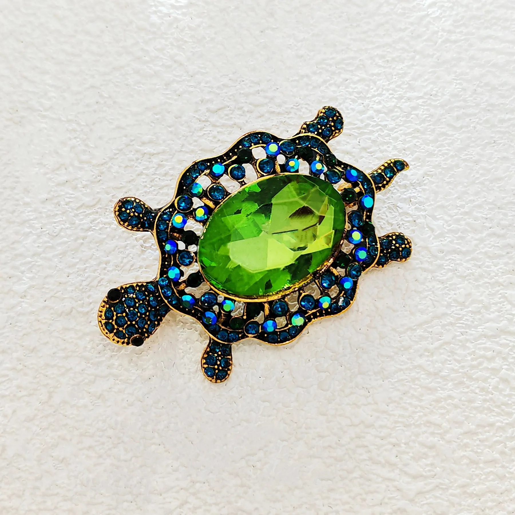Cute Green Rhinestone Sea Turtle Brooch Pin Beach Jewelry