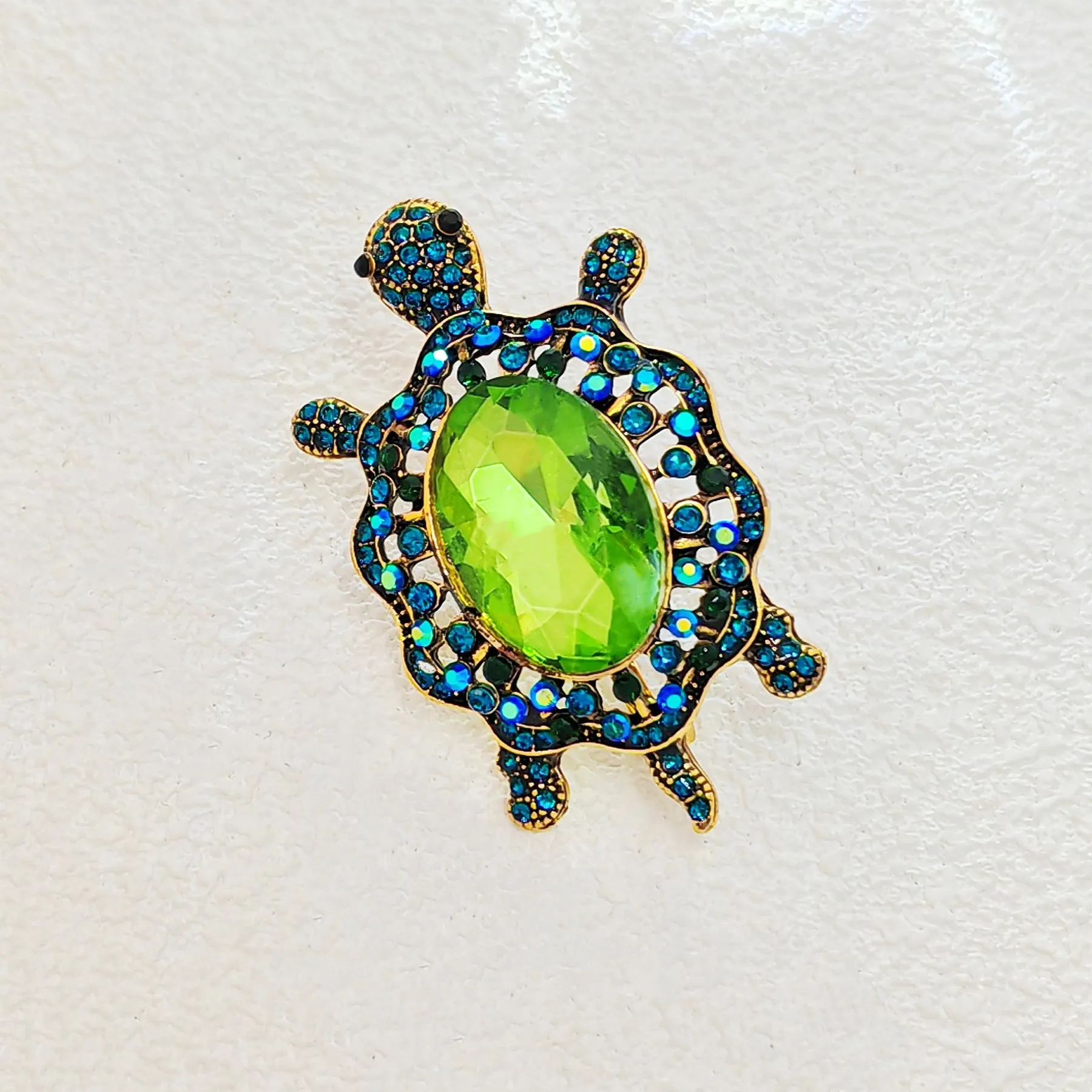 Cute Green Rhinestone Sea Turtle Brooch Pin Beach Jewelry