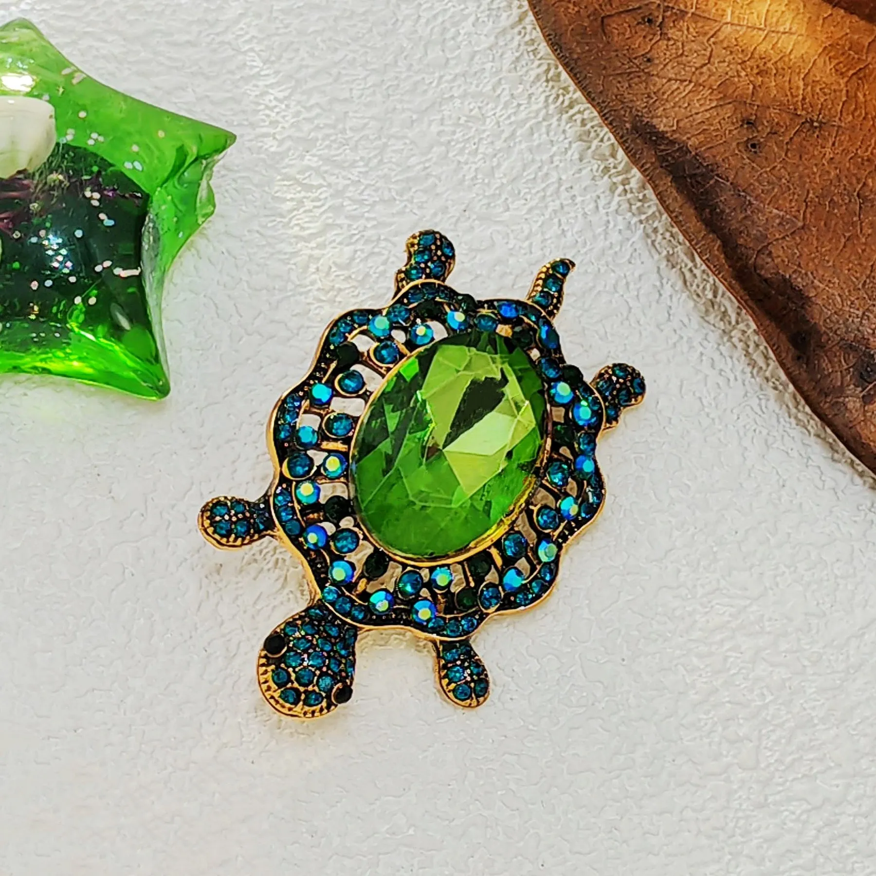Cute Green Rhinestone Sea Turtle Brooch Pin Beach Jewelry