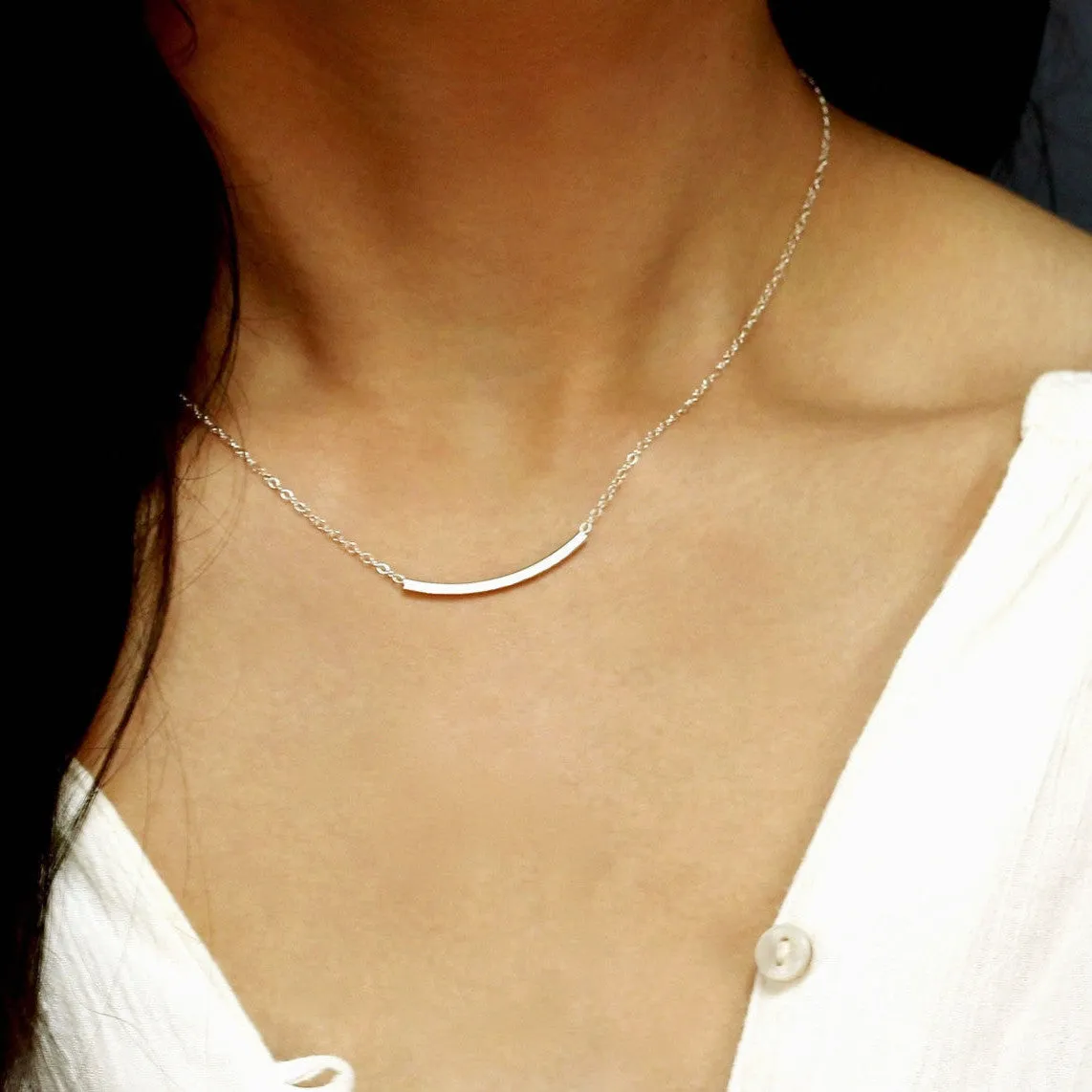 Dainty Curve Tube Bar Necklace, 1.25" Bar