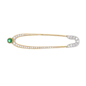 Diamond Emerald Safety Pin Brooch Vintage 18k Gold Pendant Baby Push Jewelry