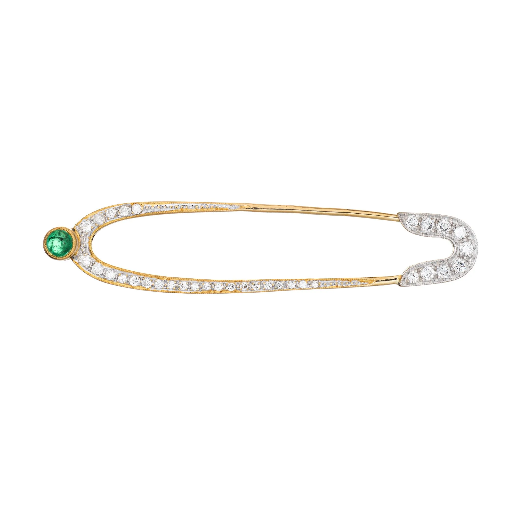 Diamond Emerald Safety Pin Brooch Vintage 18k Gold Pendant Baby Push Jewelry
