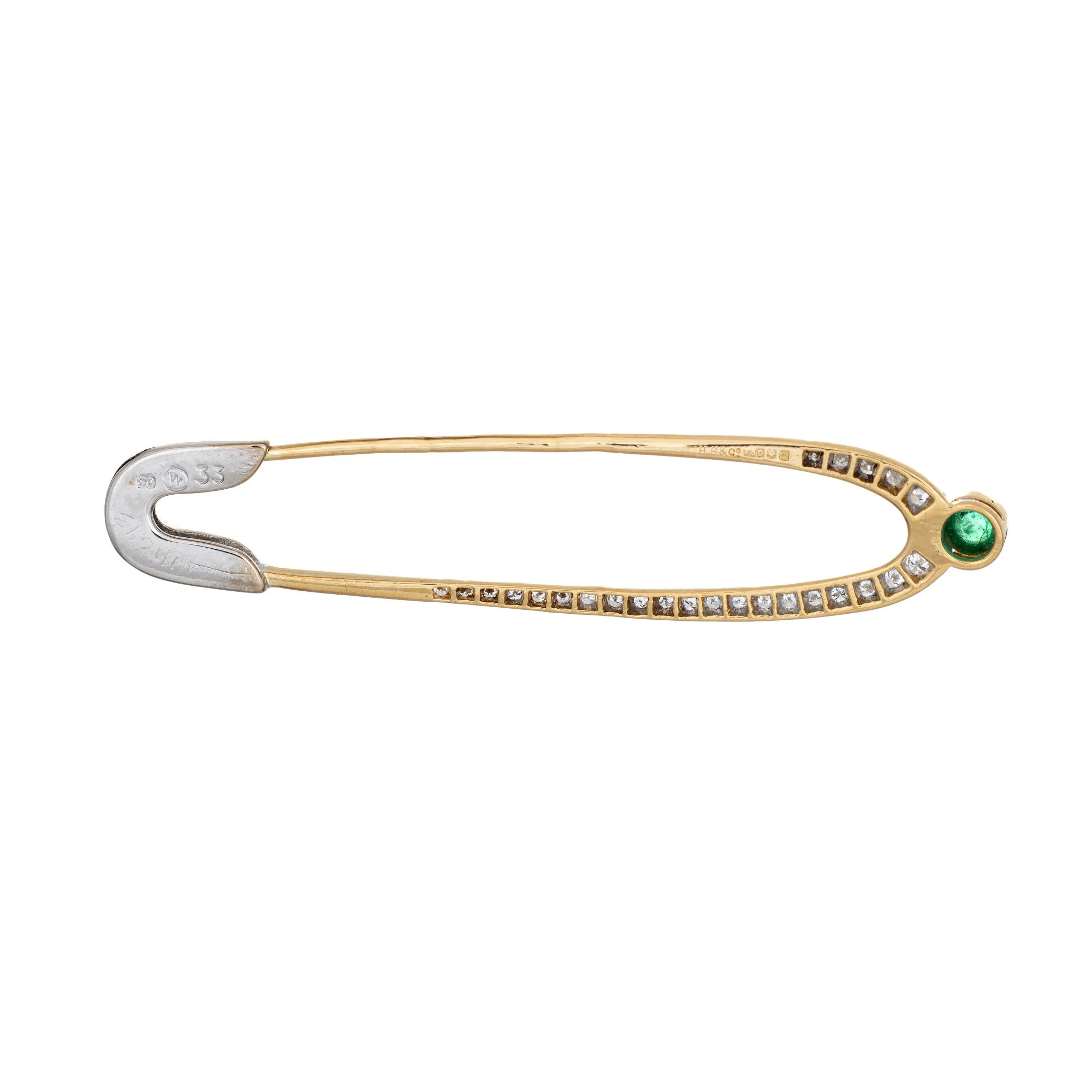 Diamond Emerald Safety Pin Brooch Vintage 18k Gold Pendant Baby Push Jewelry