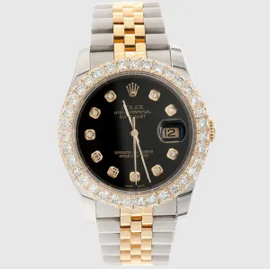 Diamond Rolex DateJust 36mm Two-Tone Black Dial Watch 3.4ct