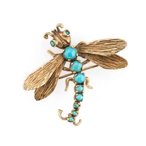 Dragonfly Turquoise Brooch Vintage 14k Yellow Gold Estate Fine Jewelry Insect