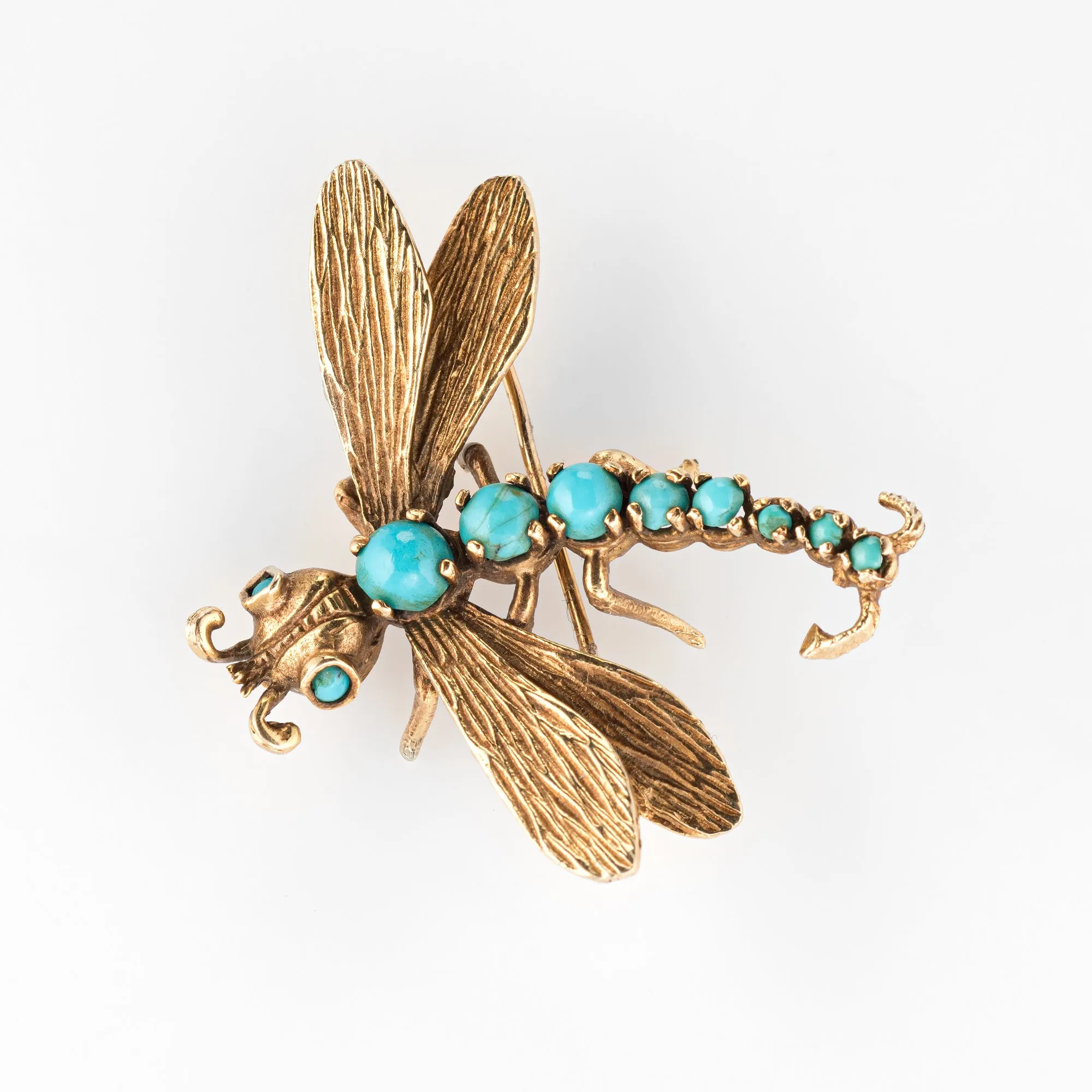 Dragonfly Turquoise Brooch Vintage 14k Yellow Gold Estate Fine Jewelry Insect