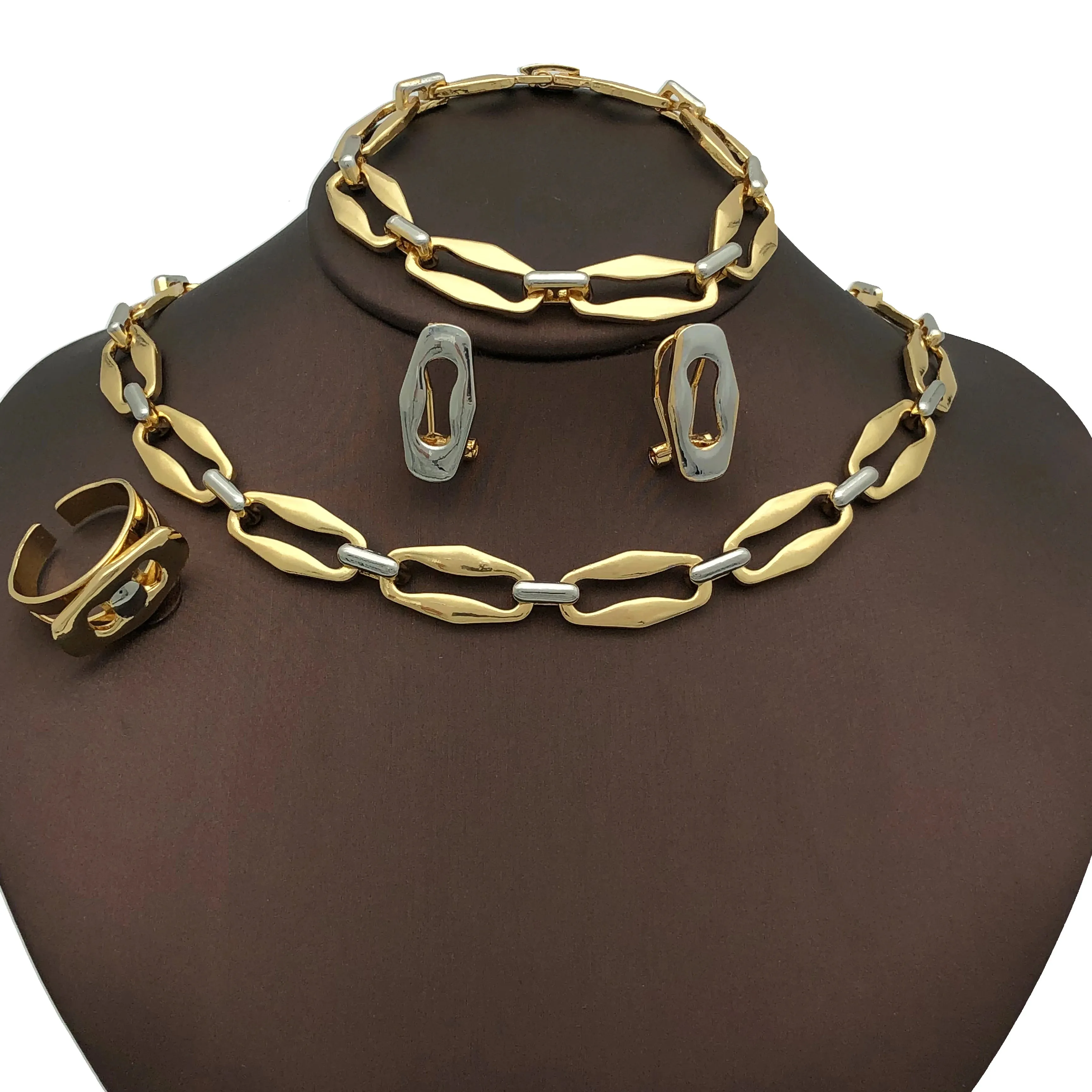 Dubai Thin Chain  Two Tone  Necklace Bracelet Rings Earrings Bride Item With Daily Wear