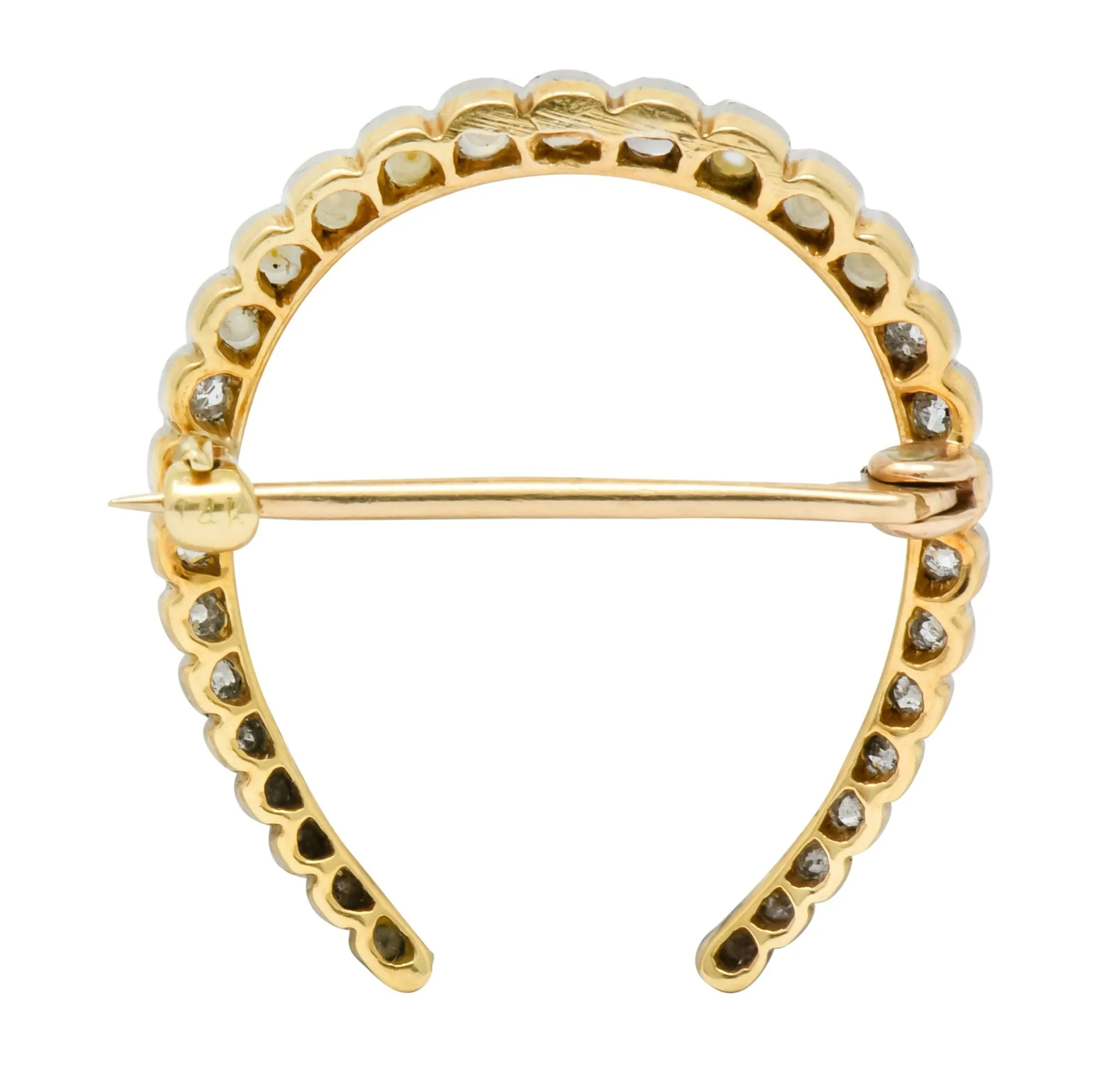 Edwardian Diamond Pearl Platinum-Topped 14 Karat Gold Horseshoe Brooch