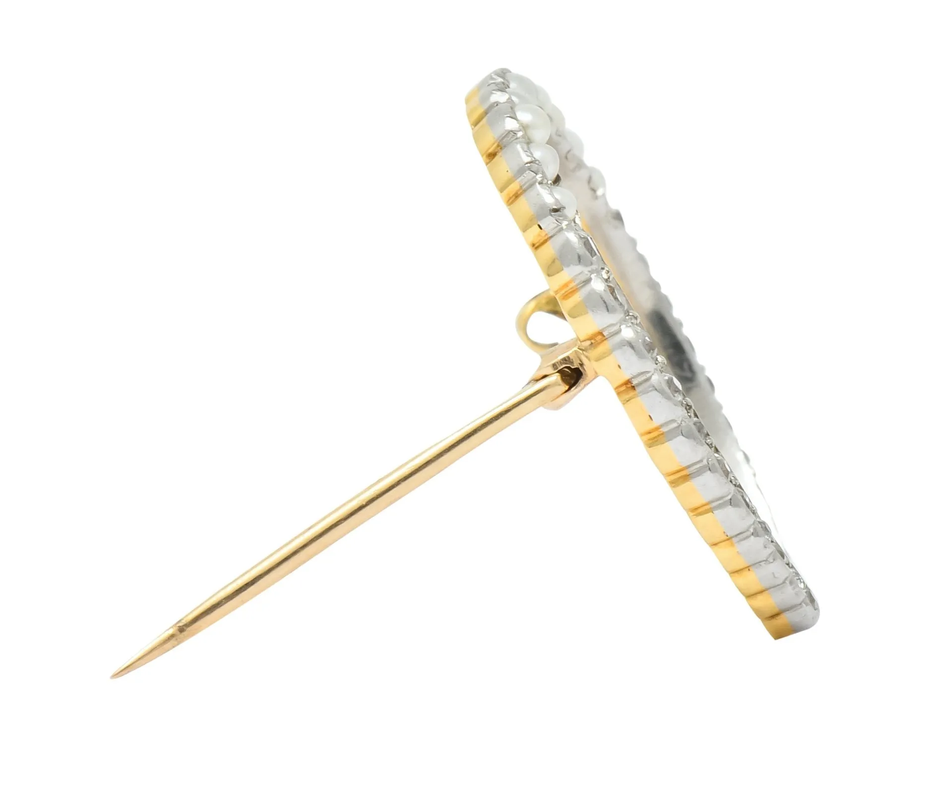Edwardian Diamond Pearl Platinum-Topped 14 Karat Gold Horseshoe Brooch