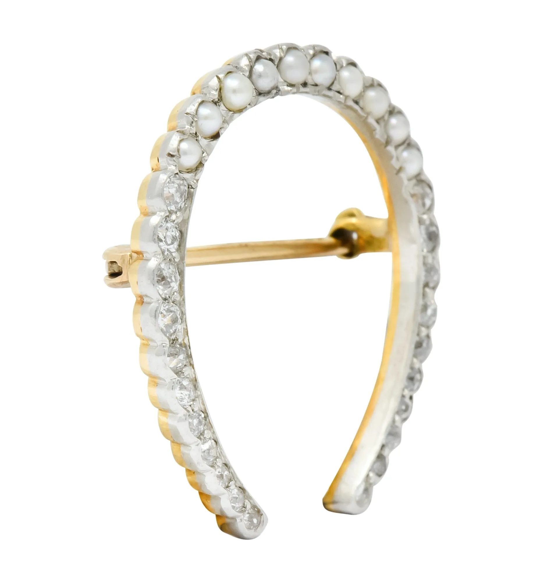 Edwardian Diamond Pearl Platinum-Topped 14 Karat Gold Horseshoe Brooch