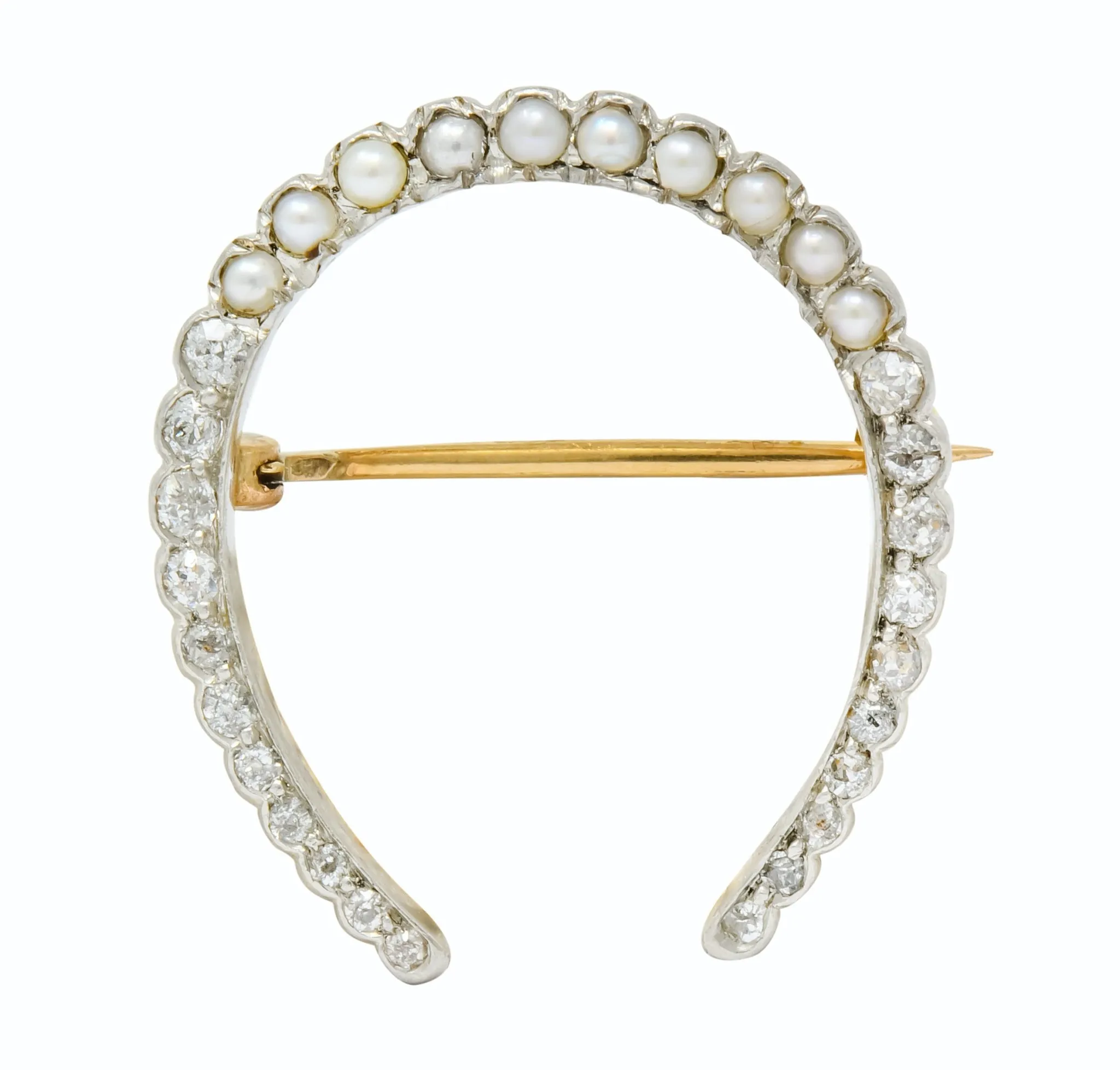Edwardian Diamond Pearl Platinum-Topped 14 Karat Gold Horseshoe Brooch