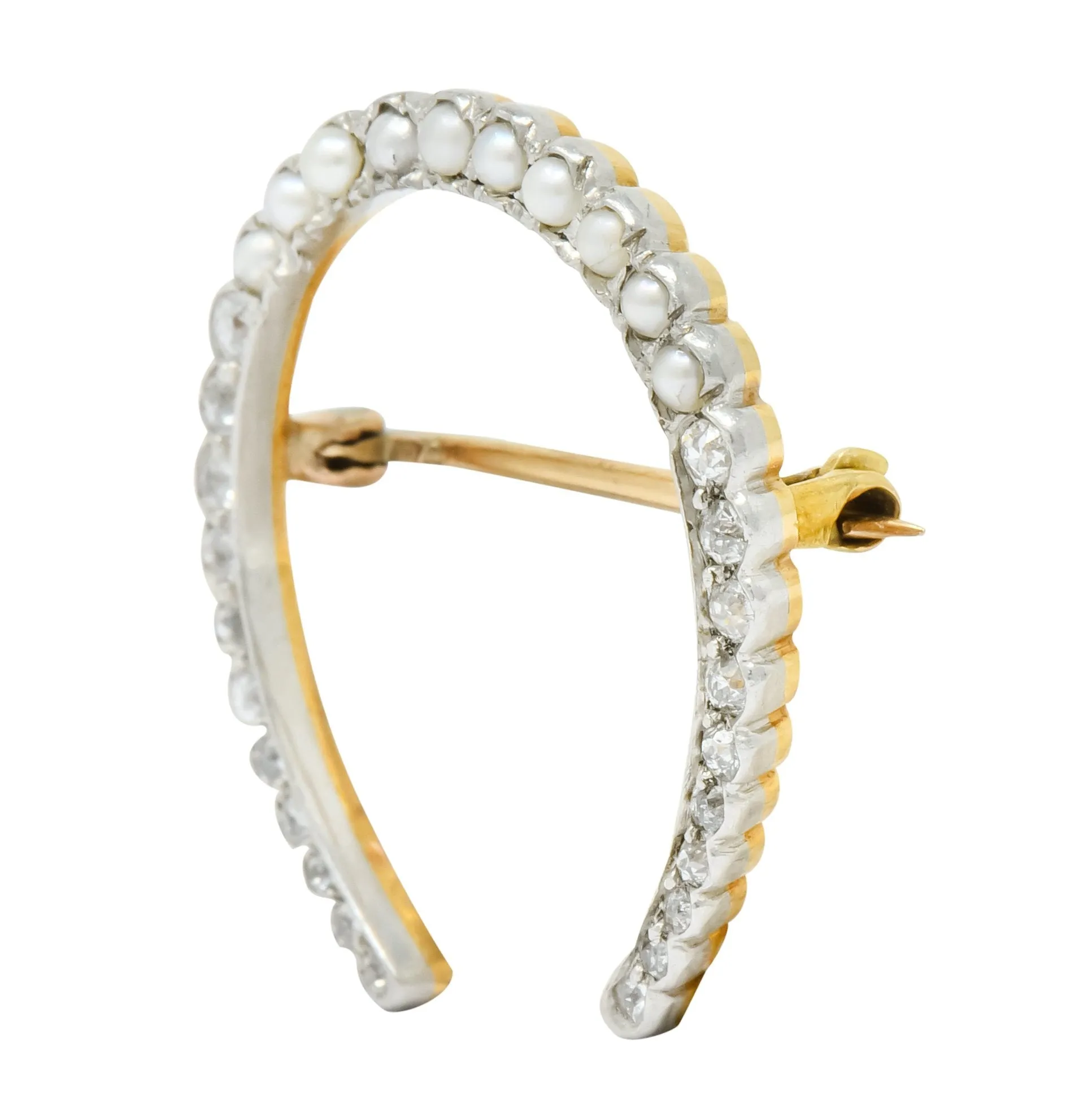 Edwardian Diamond Pearl Platinum-Topped 14 Karat Gold Horseshoe Brooch