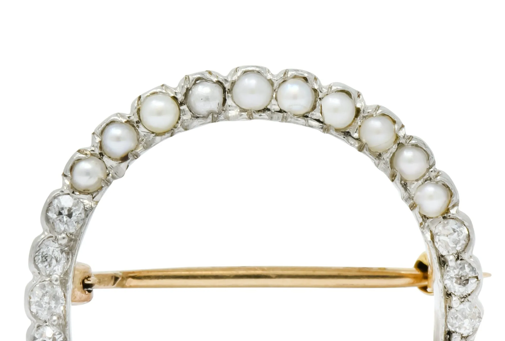 Edwardian Diamond Pearl Platinum-Topped 14 Karat Gold Horseshoe Brooch