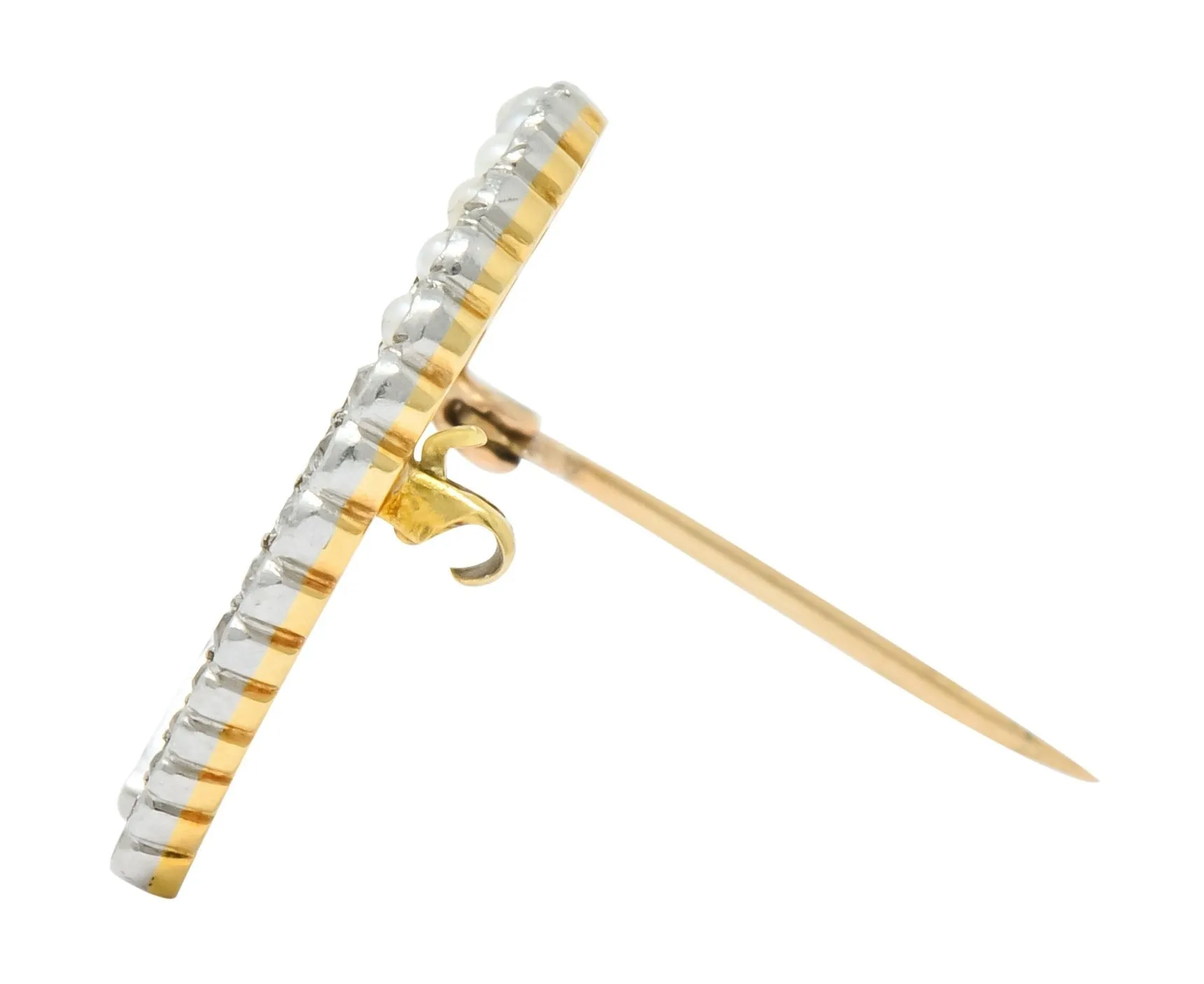 Edwardian Diamond Pearl Platinum-Topped 14 Karat Gold Horseshoe Brooch