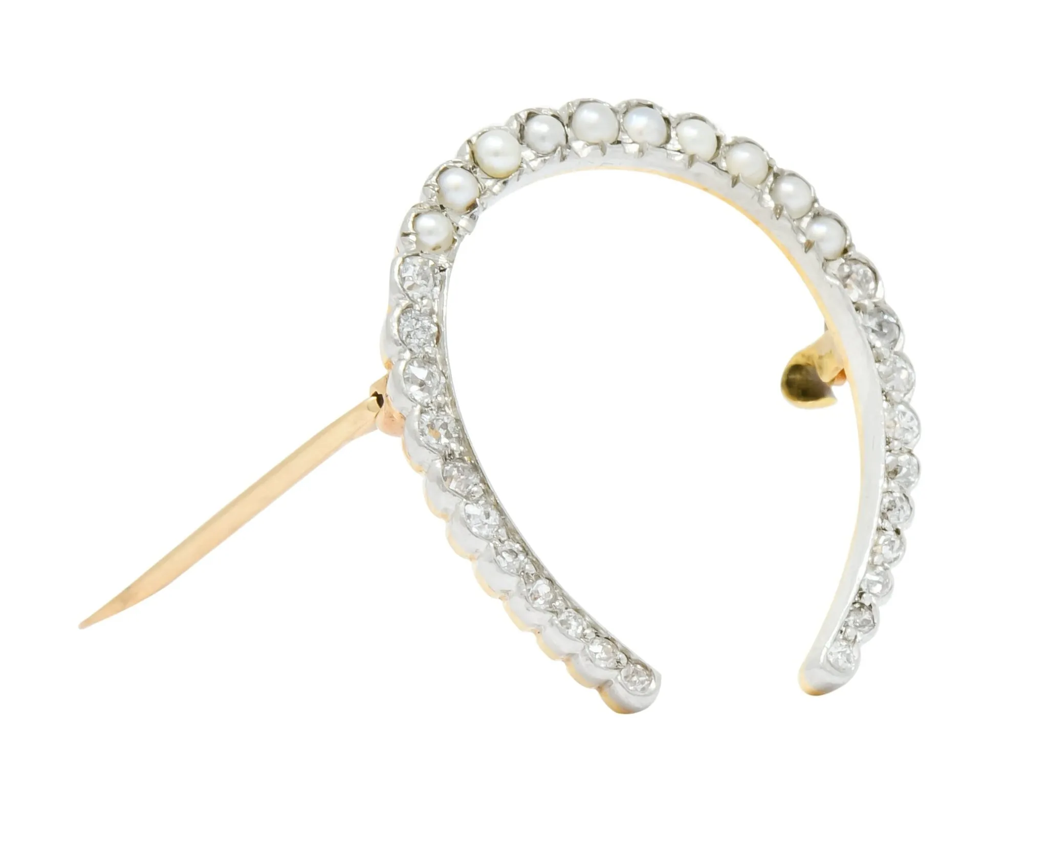 Edwardian Diamond Pearl Platinum-Topped 14 Karat Gold Horseshoe Brooch