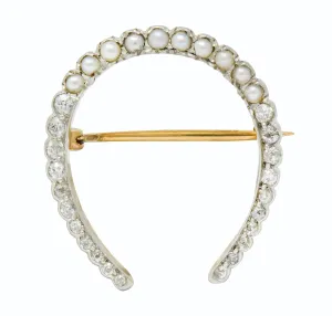 Edwardian Diamond Pearl Platinum-Topped 14 Karat Gold Horseshoe Brooch