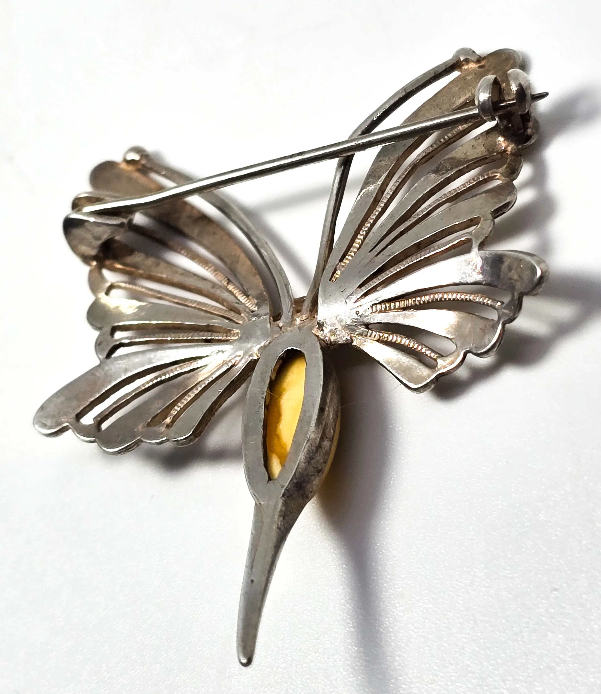 Egg yolk Baltic amber spun silver vintage sterling silver butterfly brooch