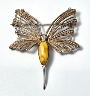 Egg yolk Baltic amber spun silver vintage sterling silver butterfly brooch