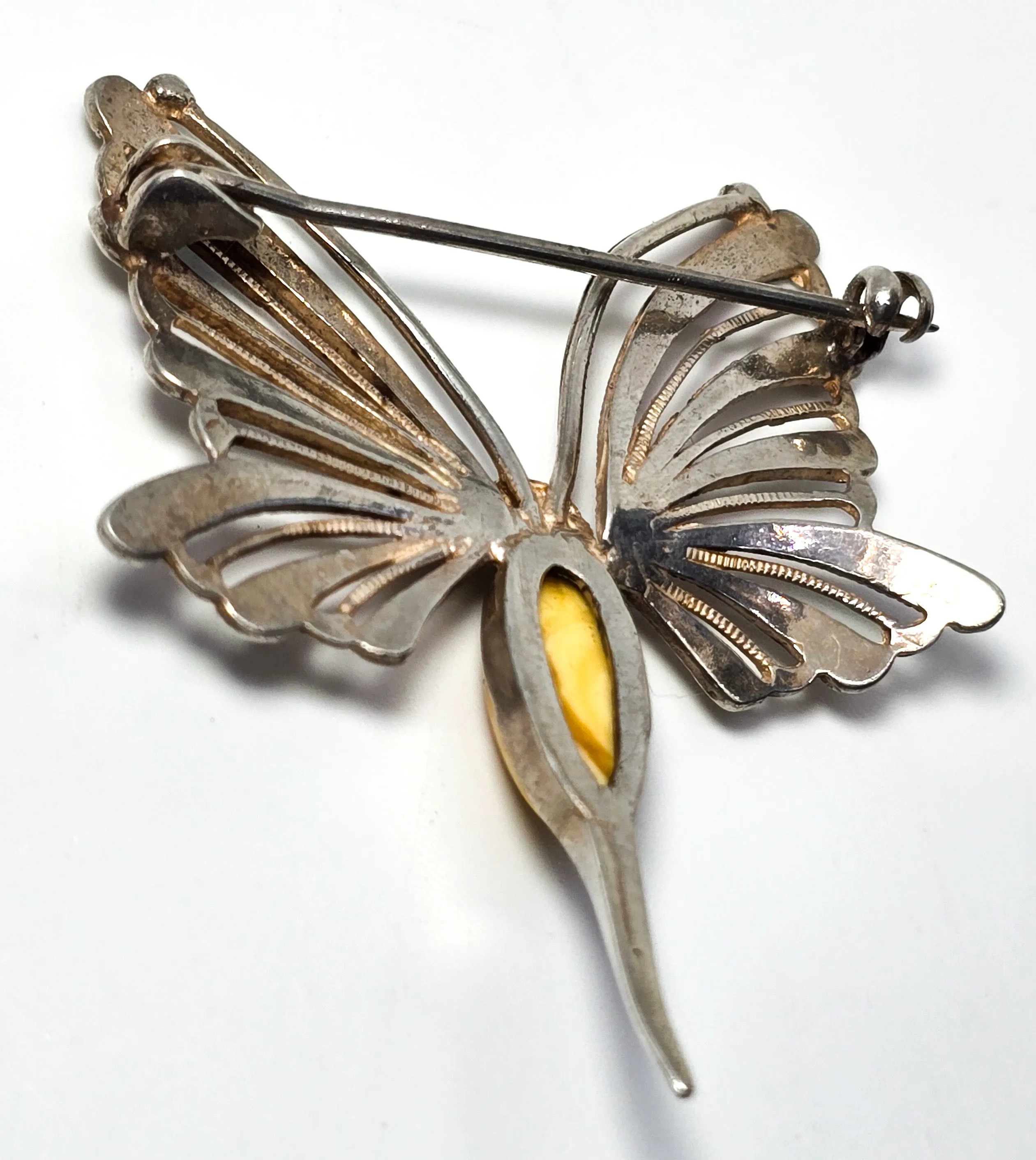 Egg yolk Baltic amber spun silver vintage sterling silver butterfly brooch