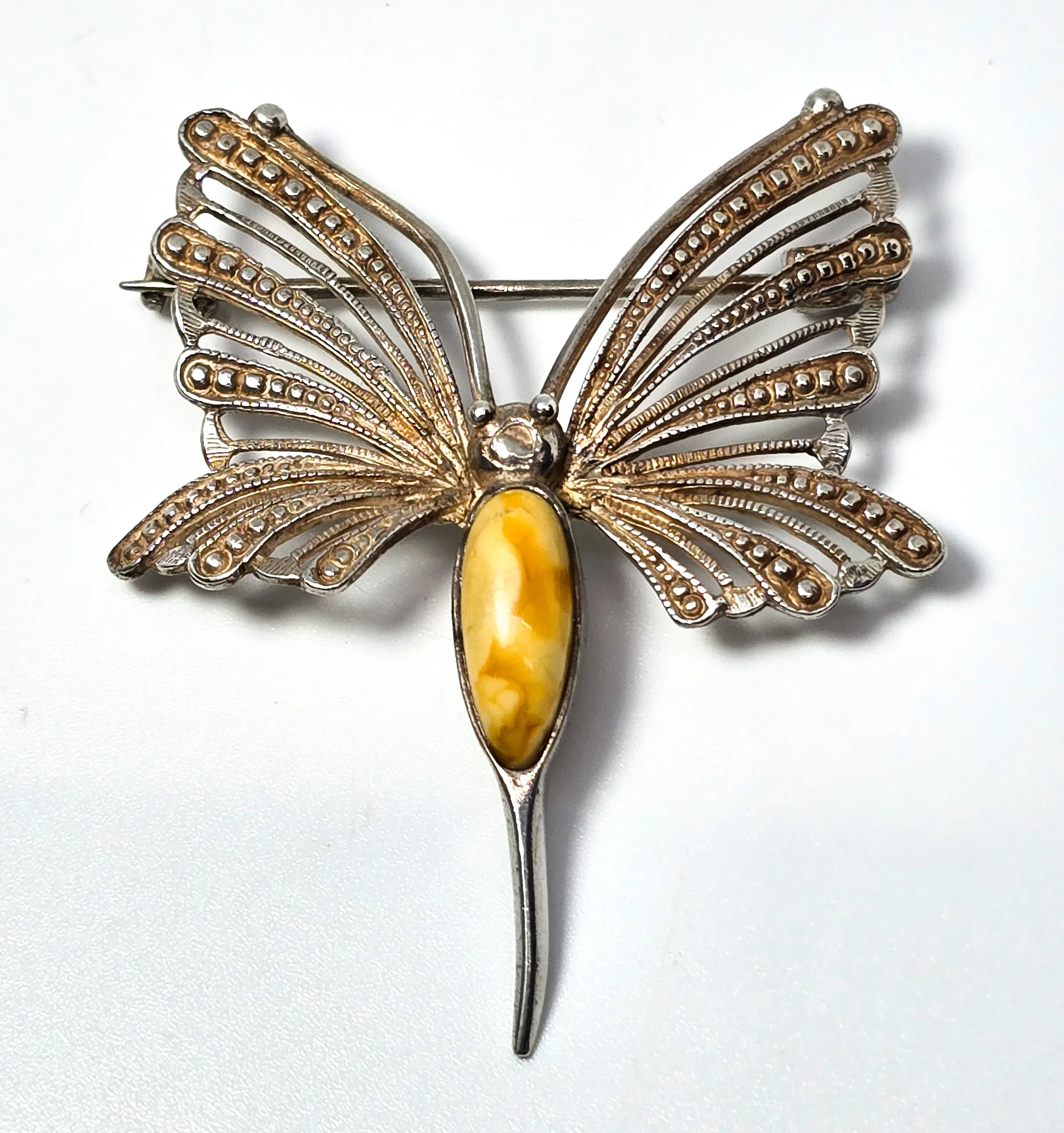 Egg yolk Baltic amber spun silver vintage sterling silver butterfly brooch