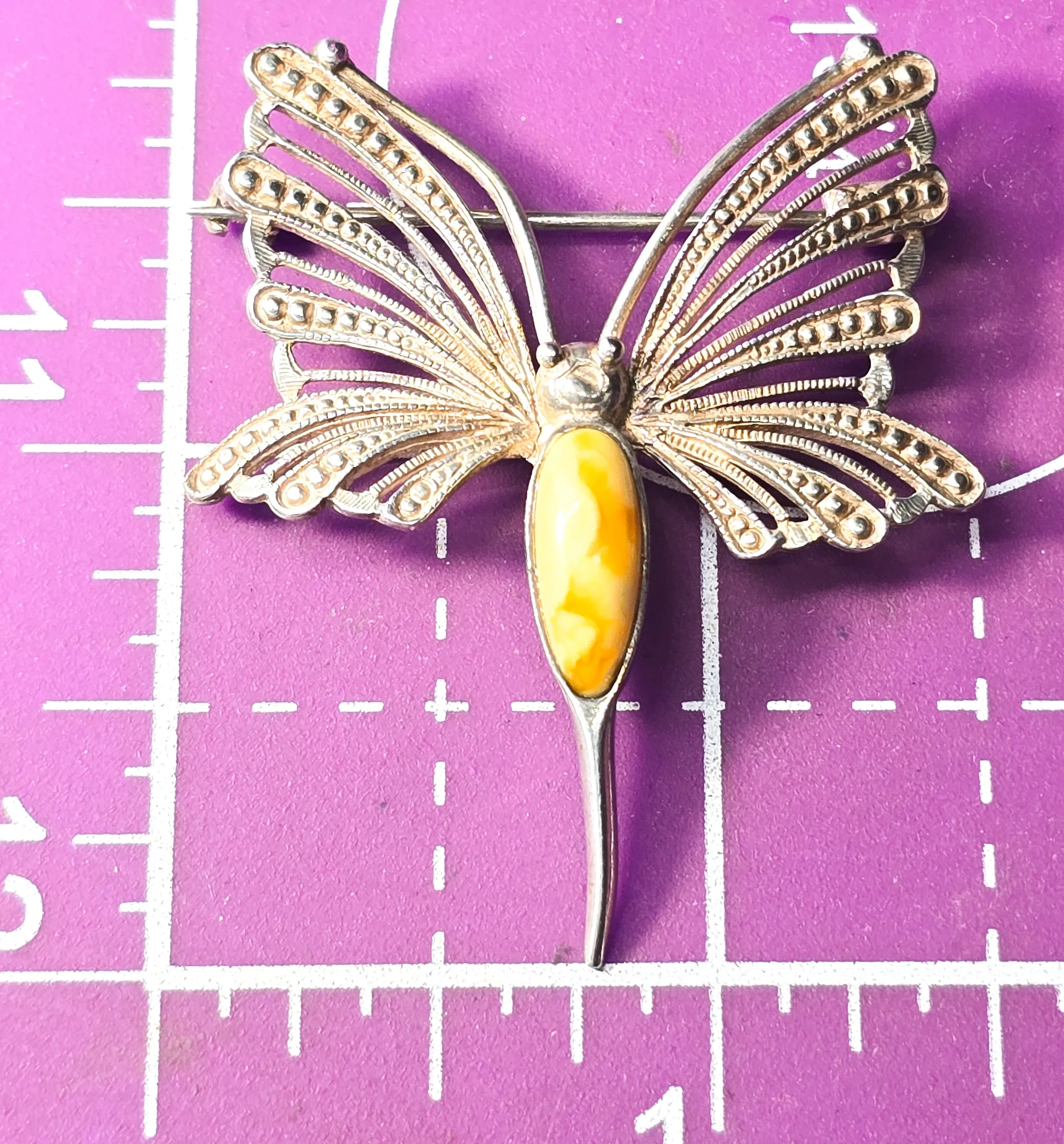 Egg yolk Baltic amber spun silver vintage sterling silver butterfly brooch