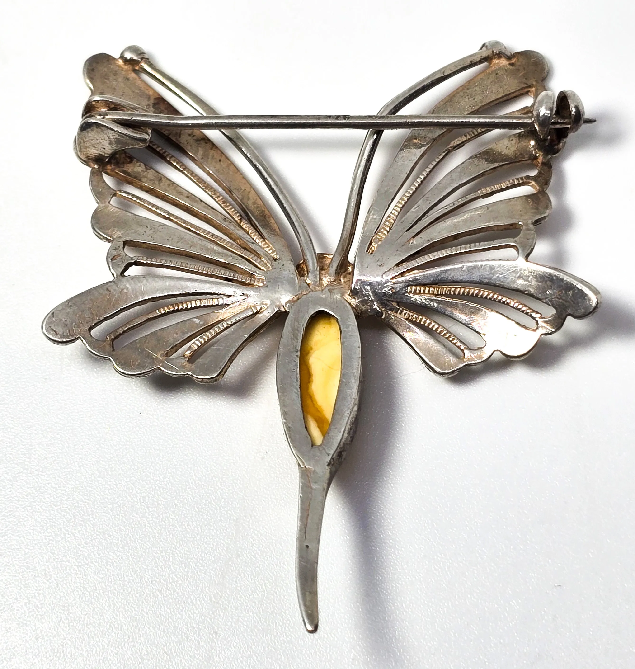 Egg yolk Baltic amber spun silver vintage sterling silver butterfly brooch