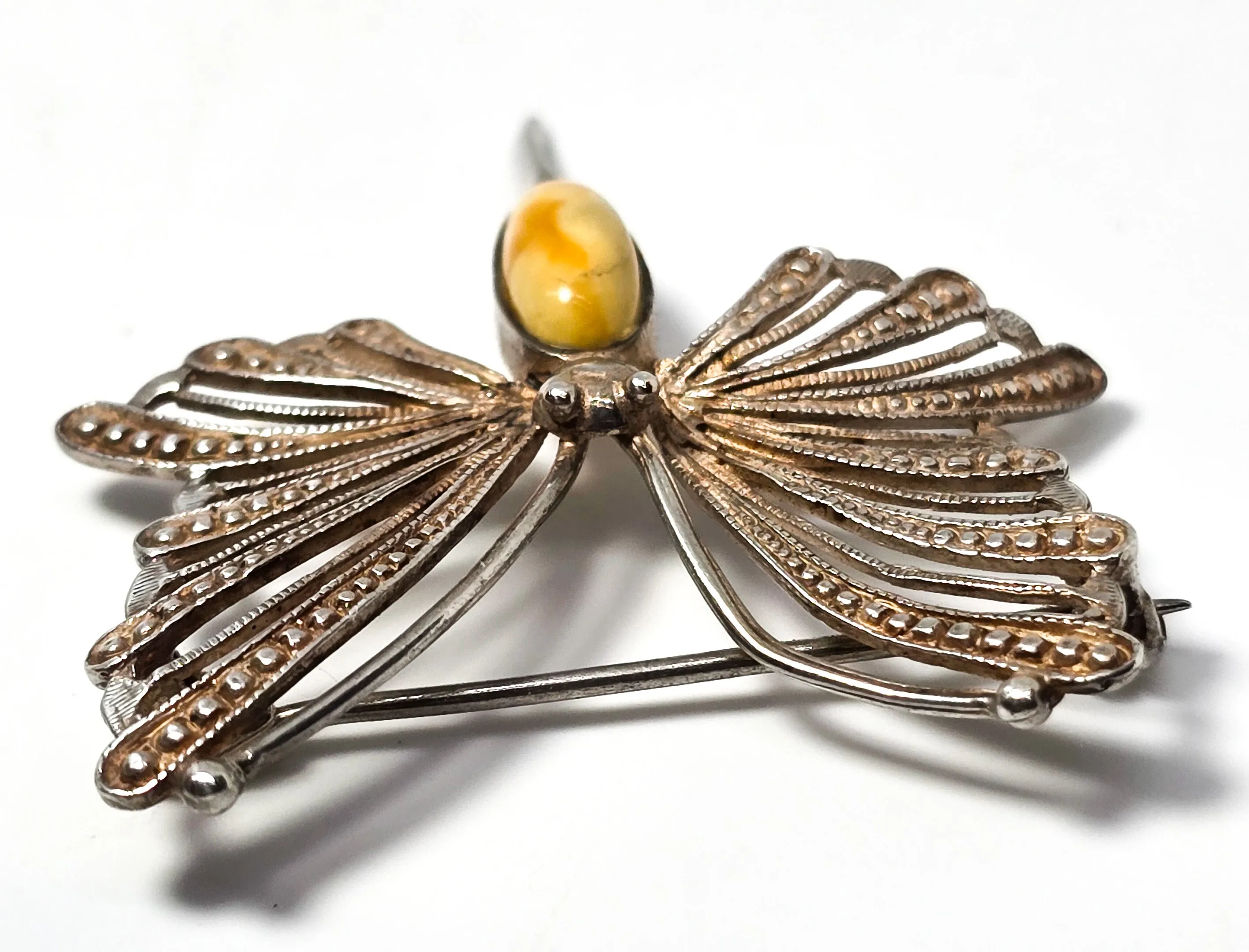 Egg yolk Baltic amber spun silver vintage sterling silver butterfly brooch