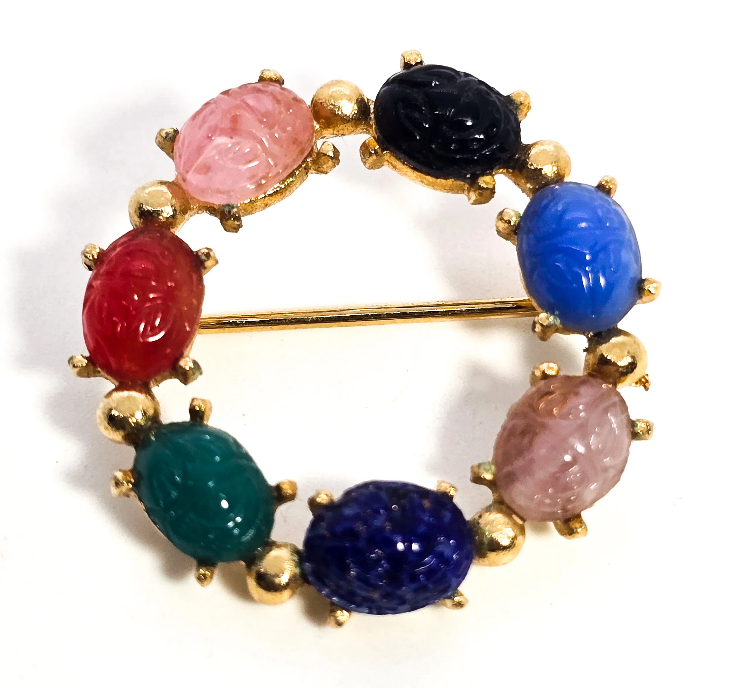 Egyptian Revival molded glass vintage scarab circle infinity brooch