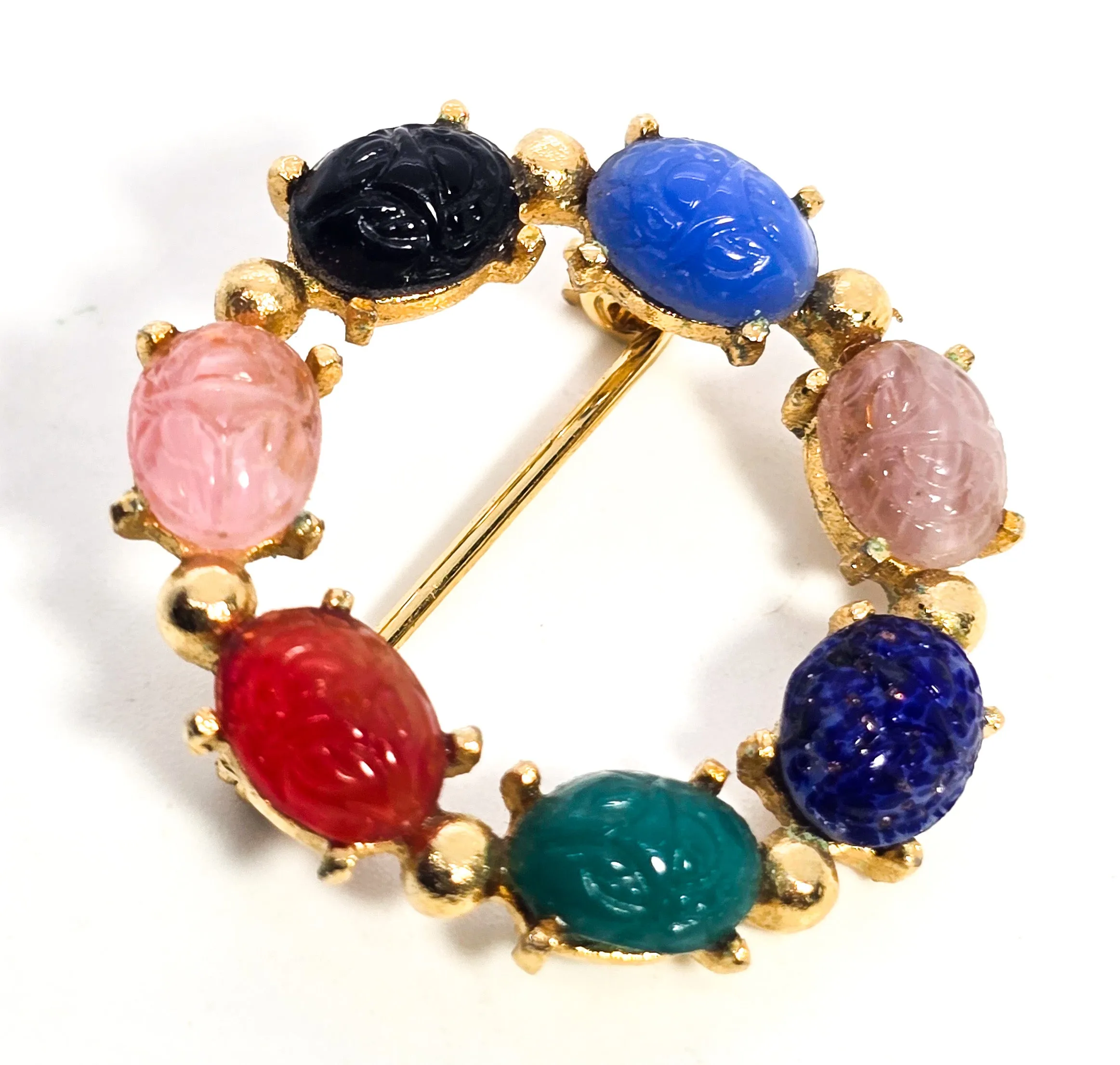 Egyptian Revival molded glass vintage scarab circle infinity brooch