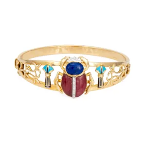 Egyptian Scarab Bracelet Vintage 18k Yellow Gold Bangle Diamond Lapis Lotus