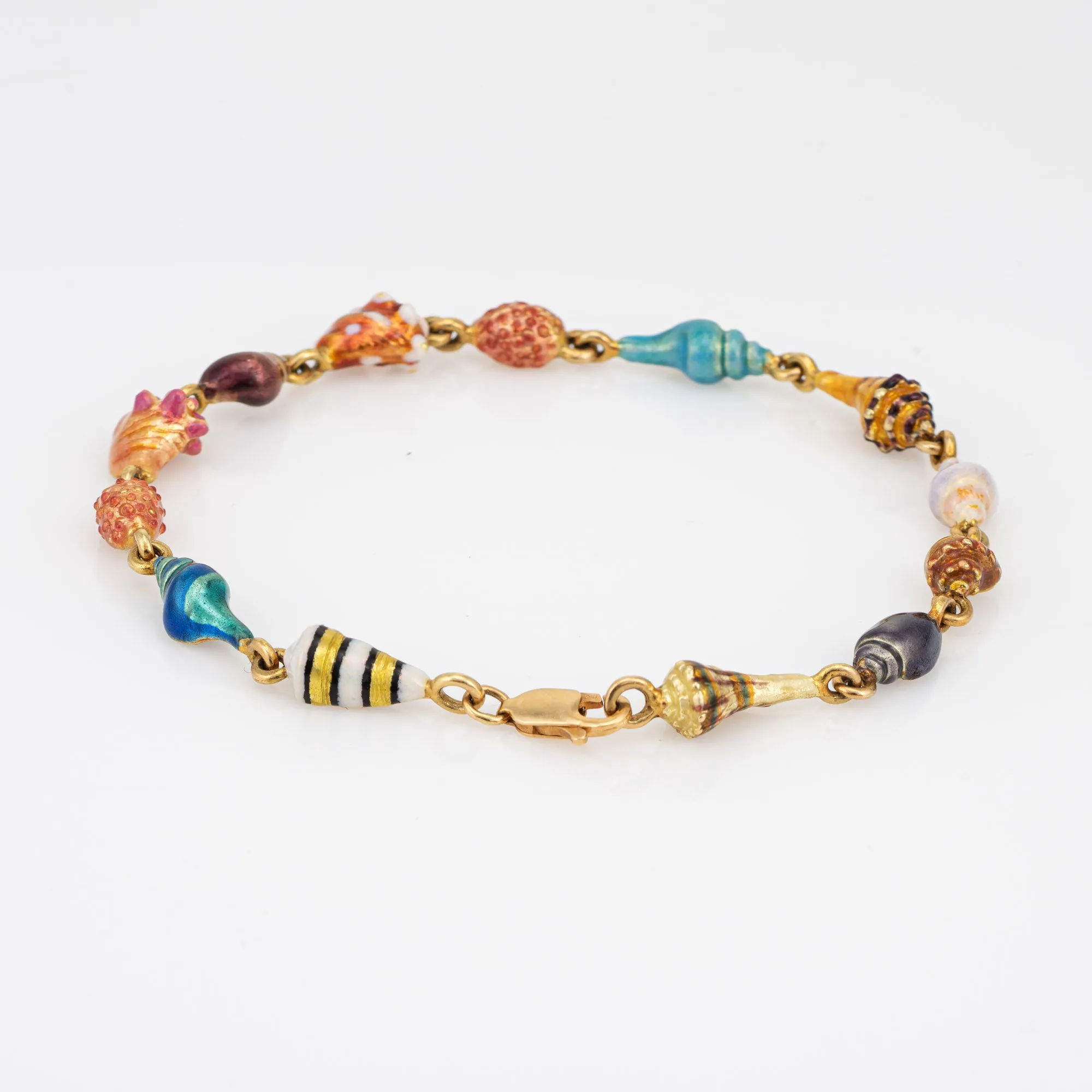 Enamel Sea Shell Charm Bracelet Vintage 18k Yellow Gold 8" Ocean Marine Jewelry