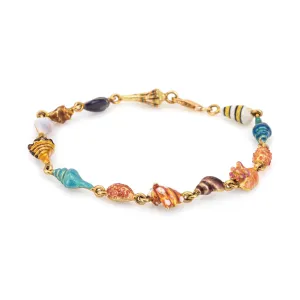 Enamel Sea Shell Charm Bracelet Vintage 18k Yellow Gold 8" Ocean Marine Jewelry