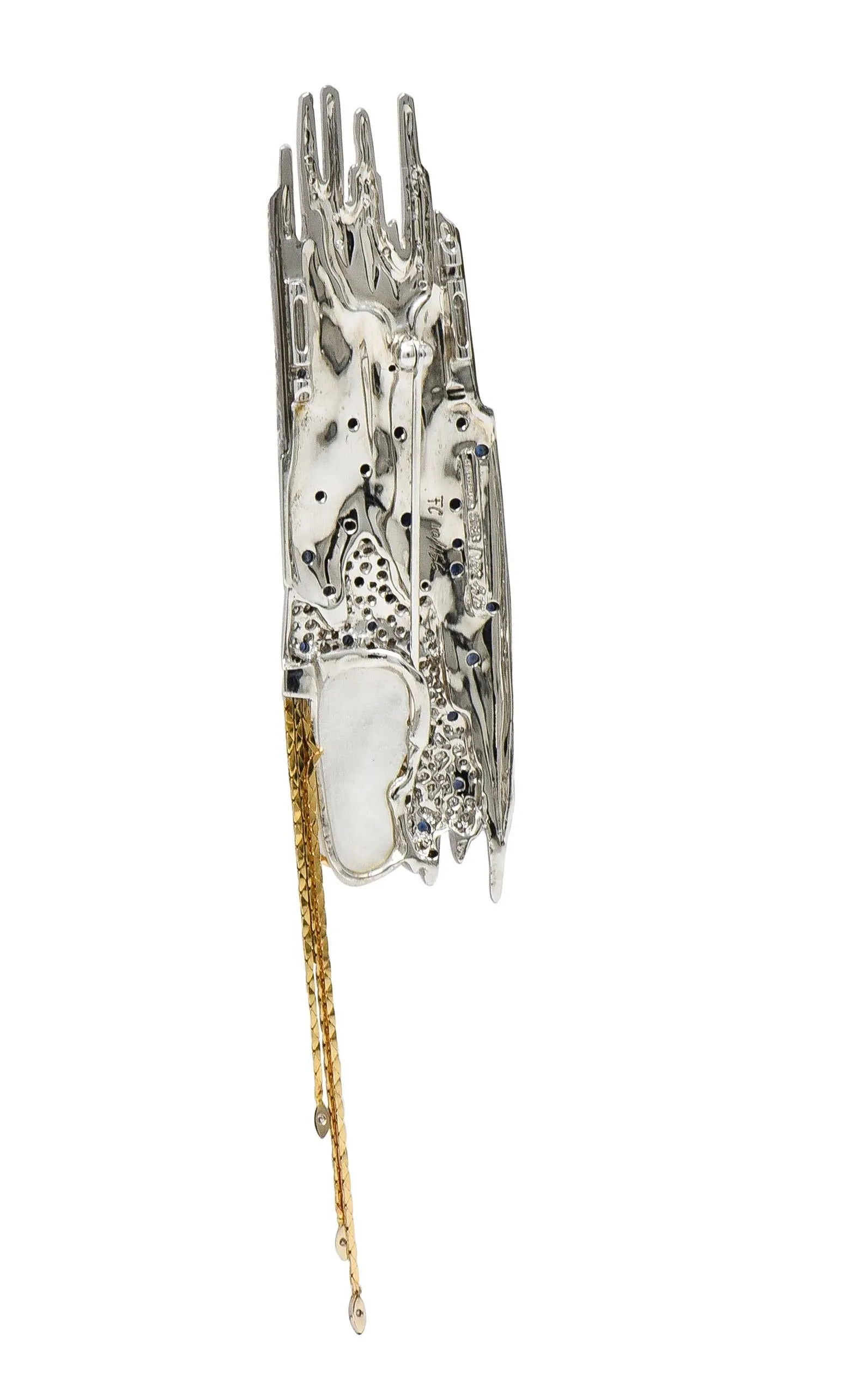 Erté 1970's 3.17 CTW Sapphire Diamond Silver 14 Karat Gold Vintage Convertible Sophistication Necklace Brooch