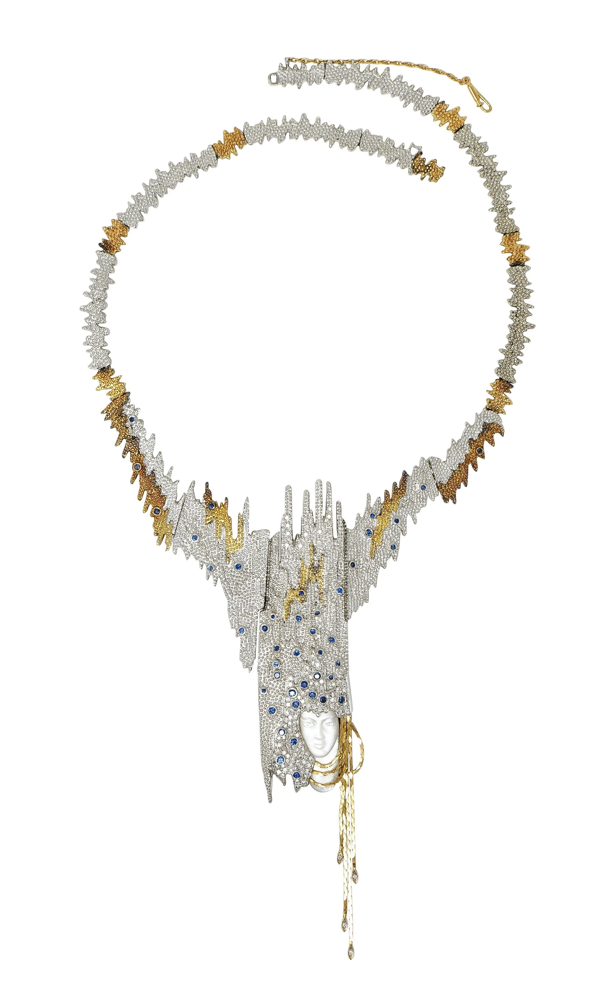 Erté 1970's 3.17 CTW Sapphire Diamond Silver 14 Karat Gold Vintage Convertible Sophistication Necklace Brooch