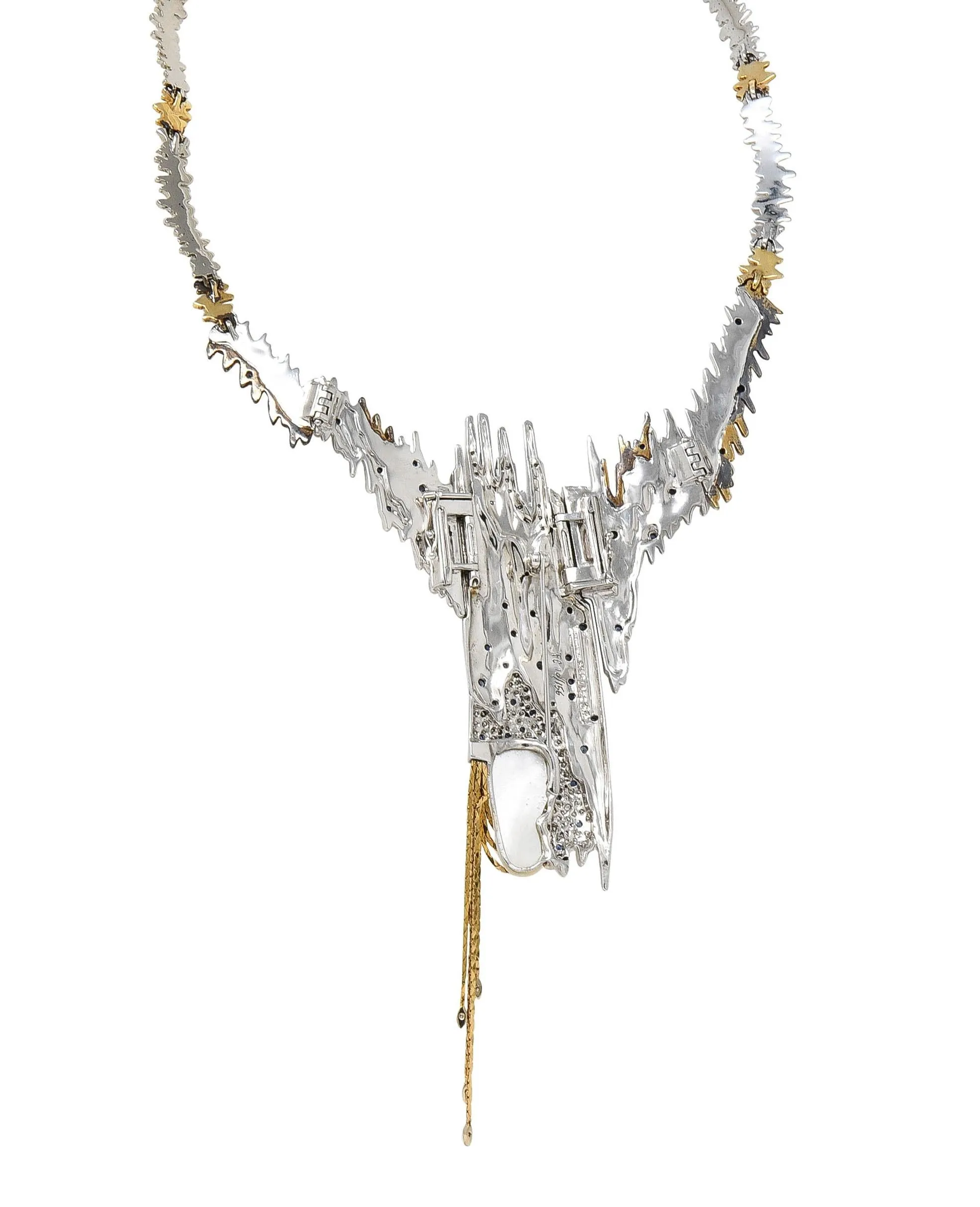 Erté 1970's 3.17 CTW Sapphire Diamond Silver 14 Karat Gold Vintage Convertible Sophistication Necklace Brooch
