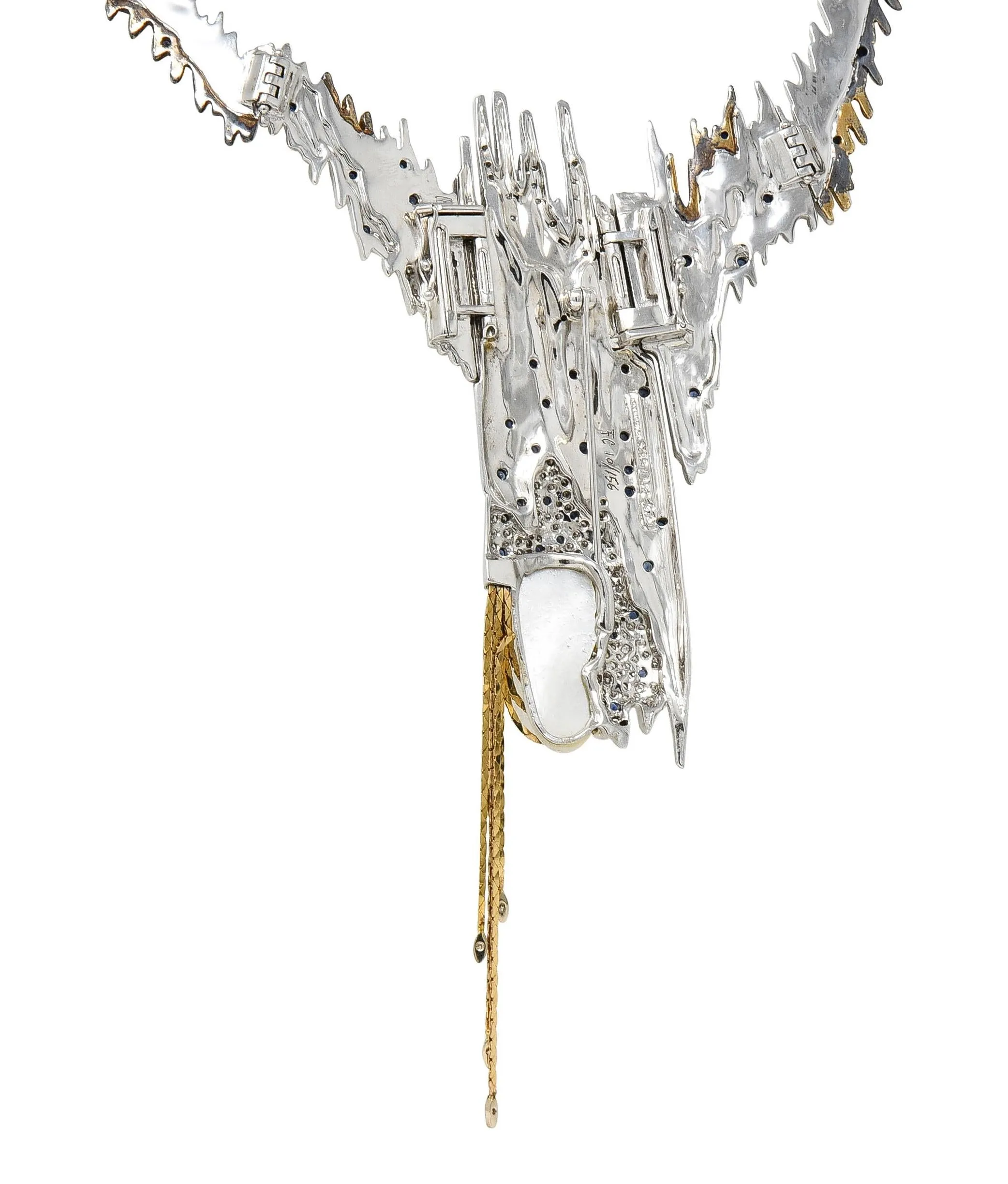 Erté 1970's 3.17 CTW Sapphire Diamond Silver 14 Karat Gold Vintage Convertible Sophistication Necklace Brooch
